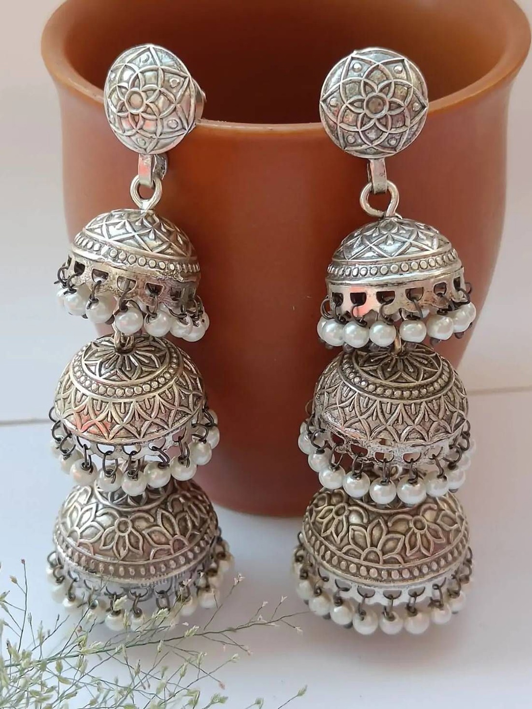 

The Pari Silver-Plated Oxidised Beaded Jhumkas