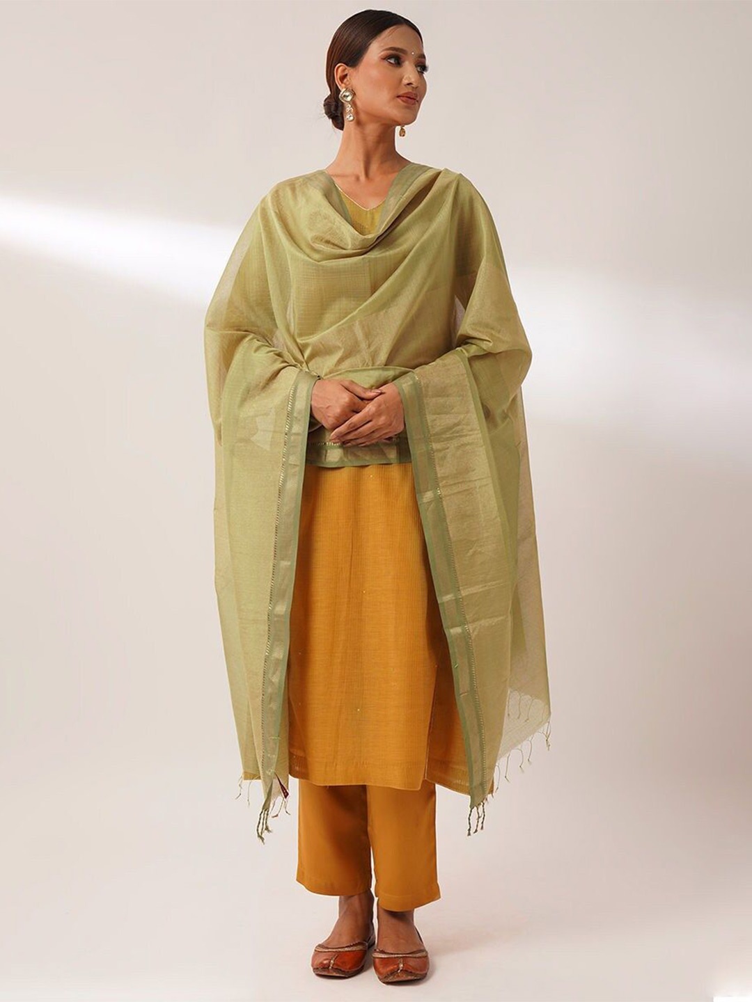 

JAYPORE Woven Design Cotton Silk Dupatta with Zari, Olive