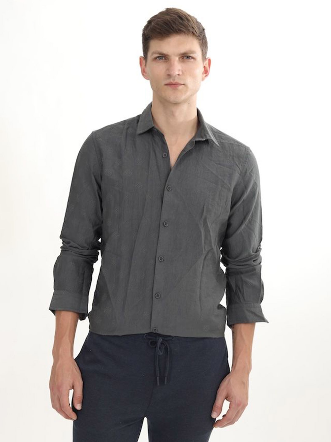 

POE Men Smart Slim Fit Opaque Casual Shirt, Olive