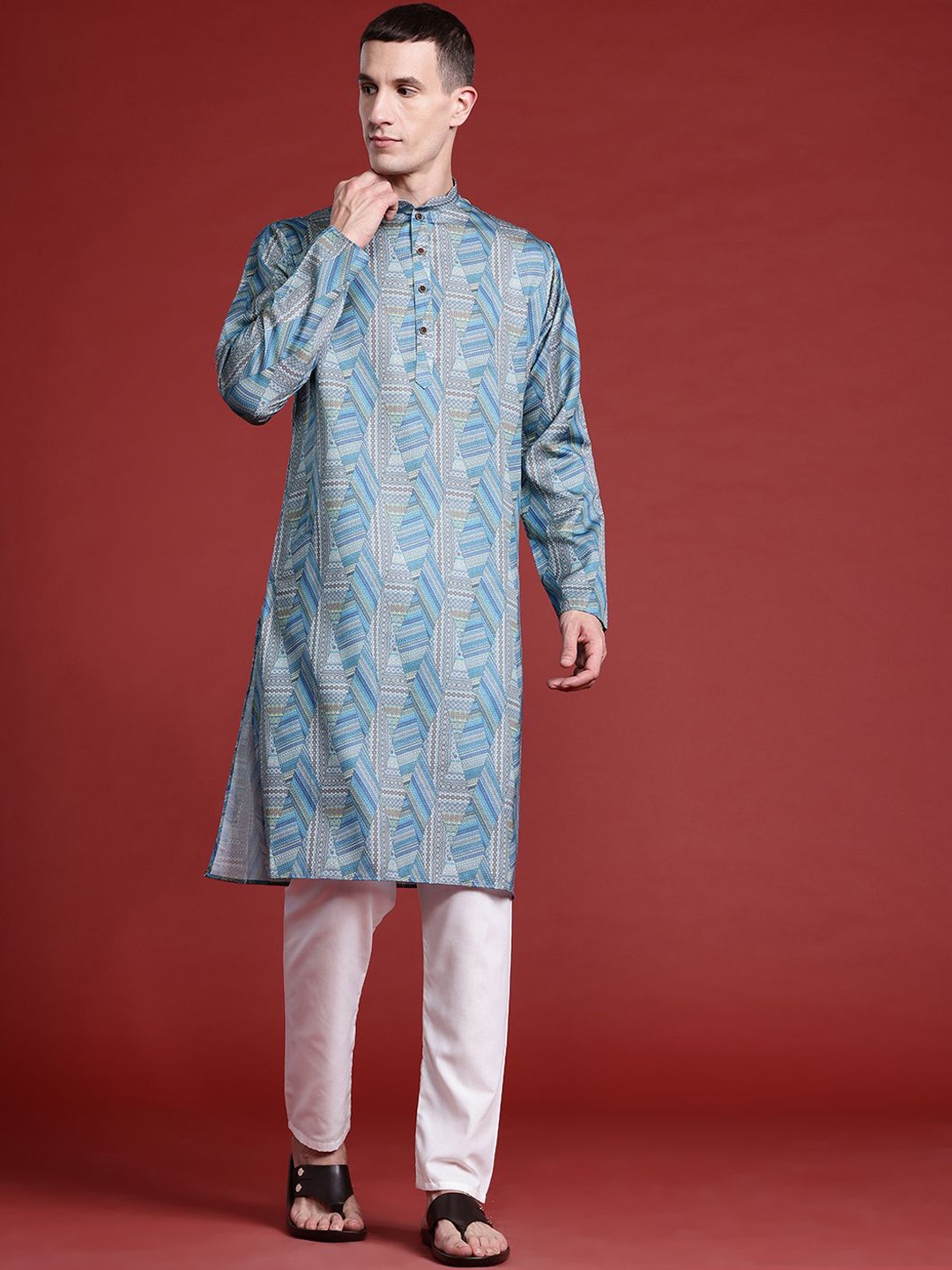 

MANQ Ethnic Motifs Woven Design Mandarin Collar Pure Cotton Straight Kurta, Blue