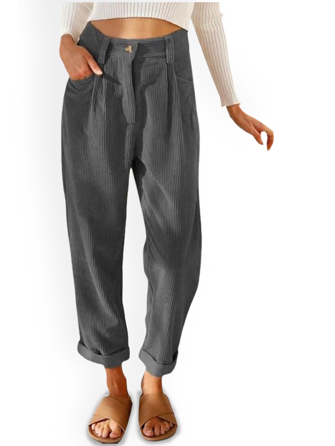 

KPOP Women Original Ribbed Pleated Cropped Trousers, Grey