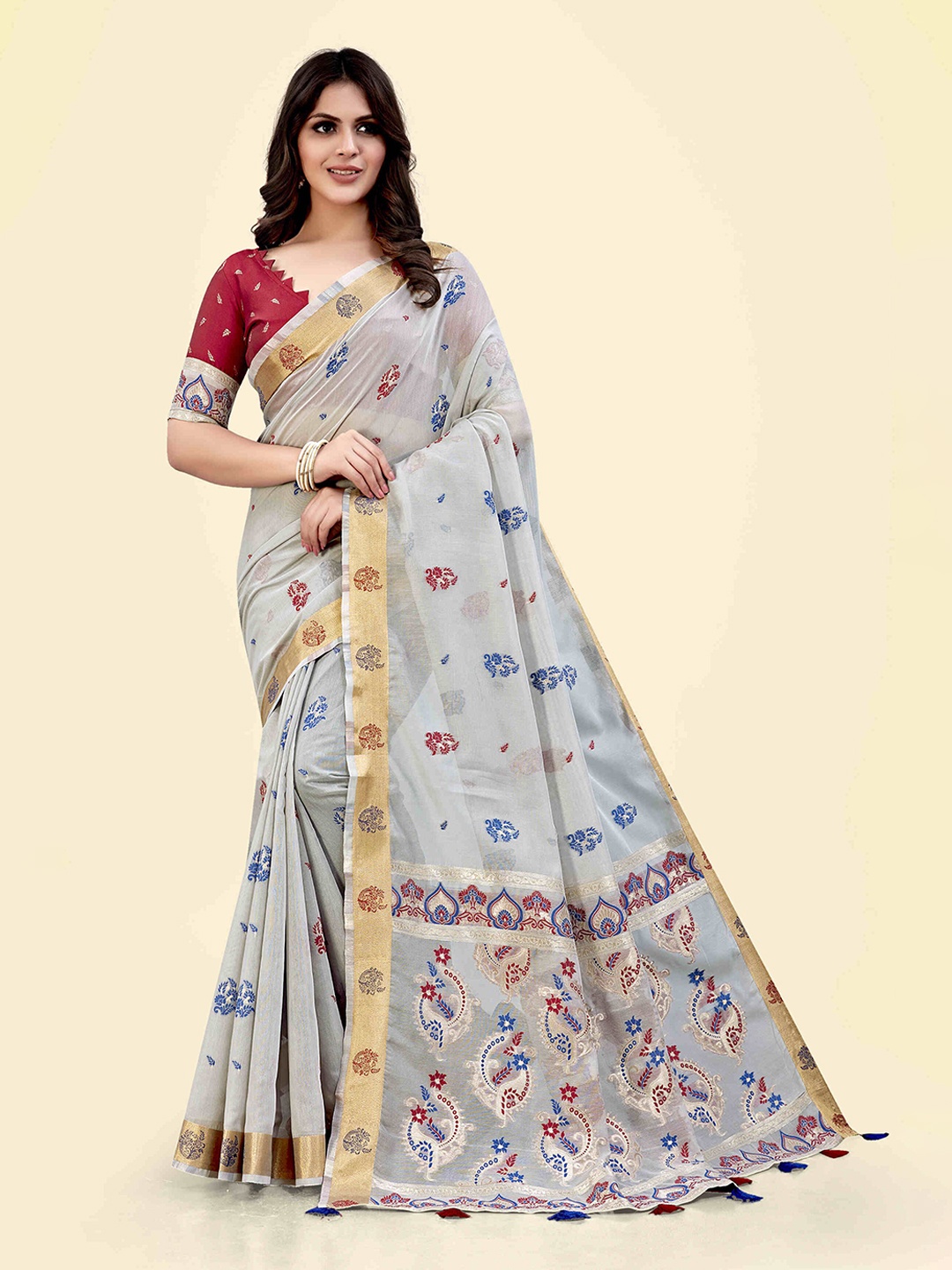 

SARHA Woven Design Zari Pure Cotton Saree, Grey