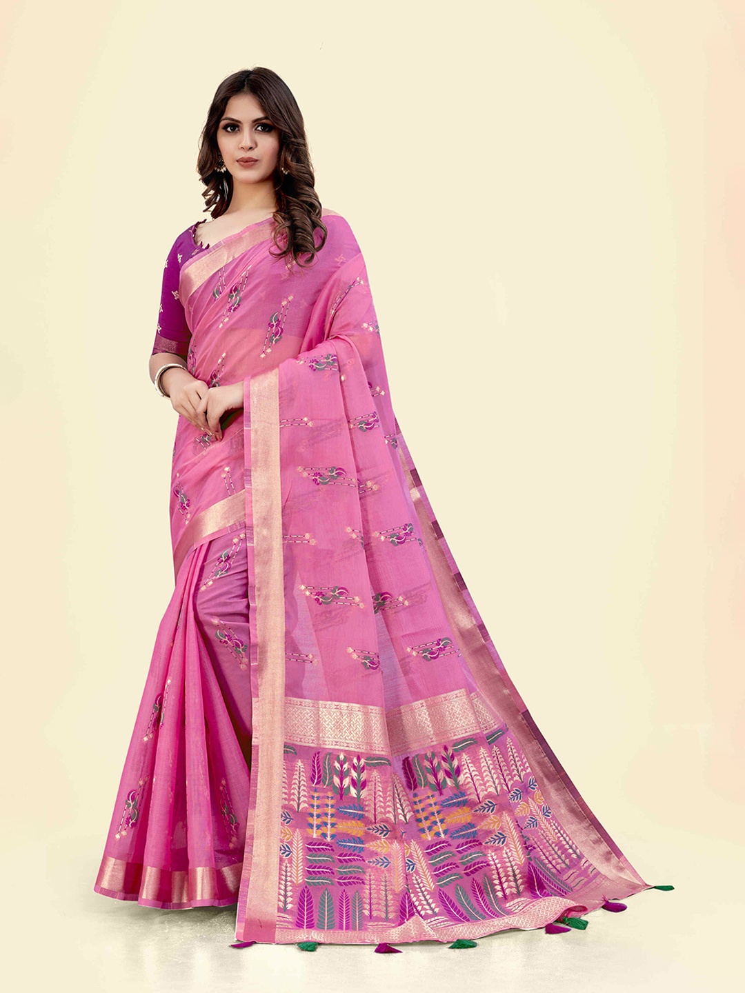 

SARHA Woven Design Printed Zari Pure Cotton Celebrity Saree, Pink