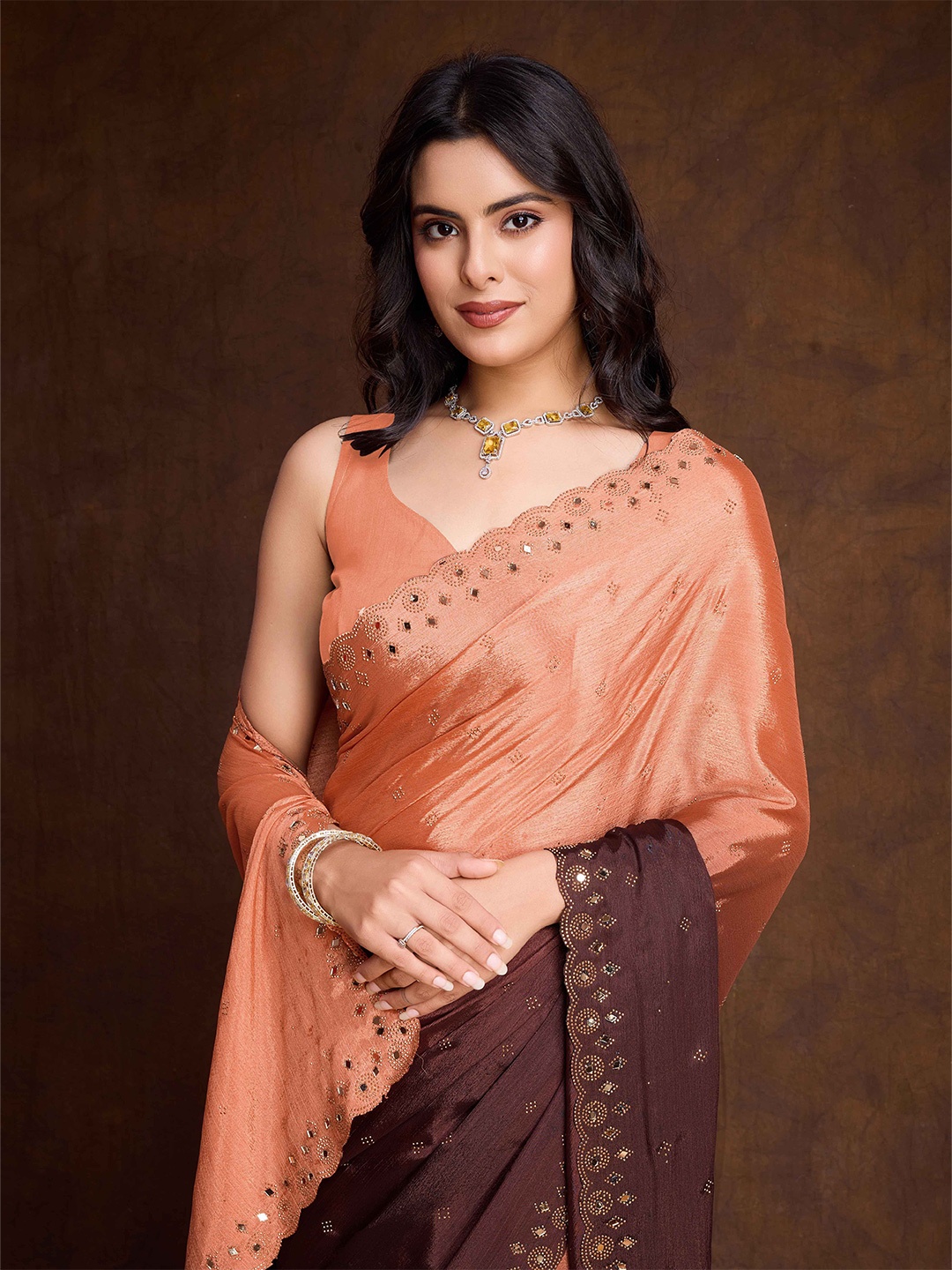 

Mitera Ombre Mirror Work Poly Chiffon Saree, Orange