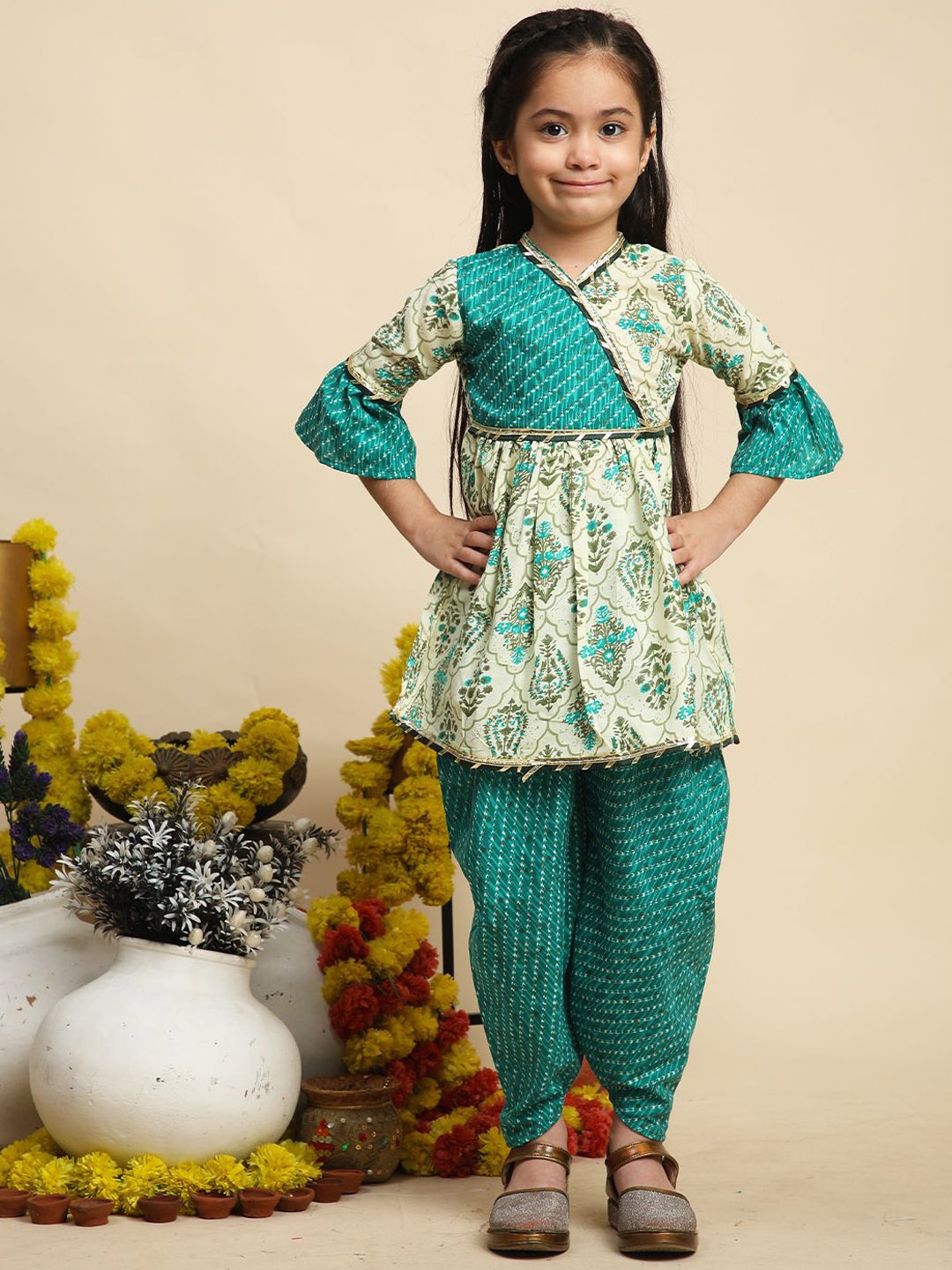 

Cutiekins Girls Ethnic Motifs Printed Angrakha A-Line Kurta with Dhoti Pants, Beige