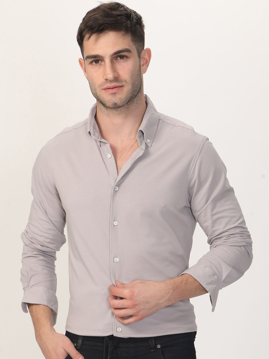 

POE Men Smart Slim Fit Opaque Casual Shirt, Grey