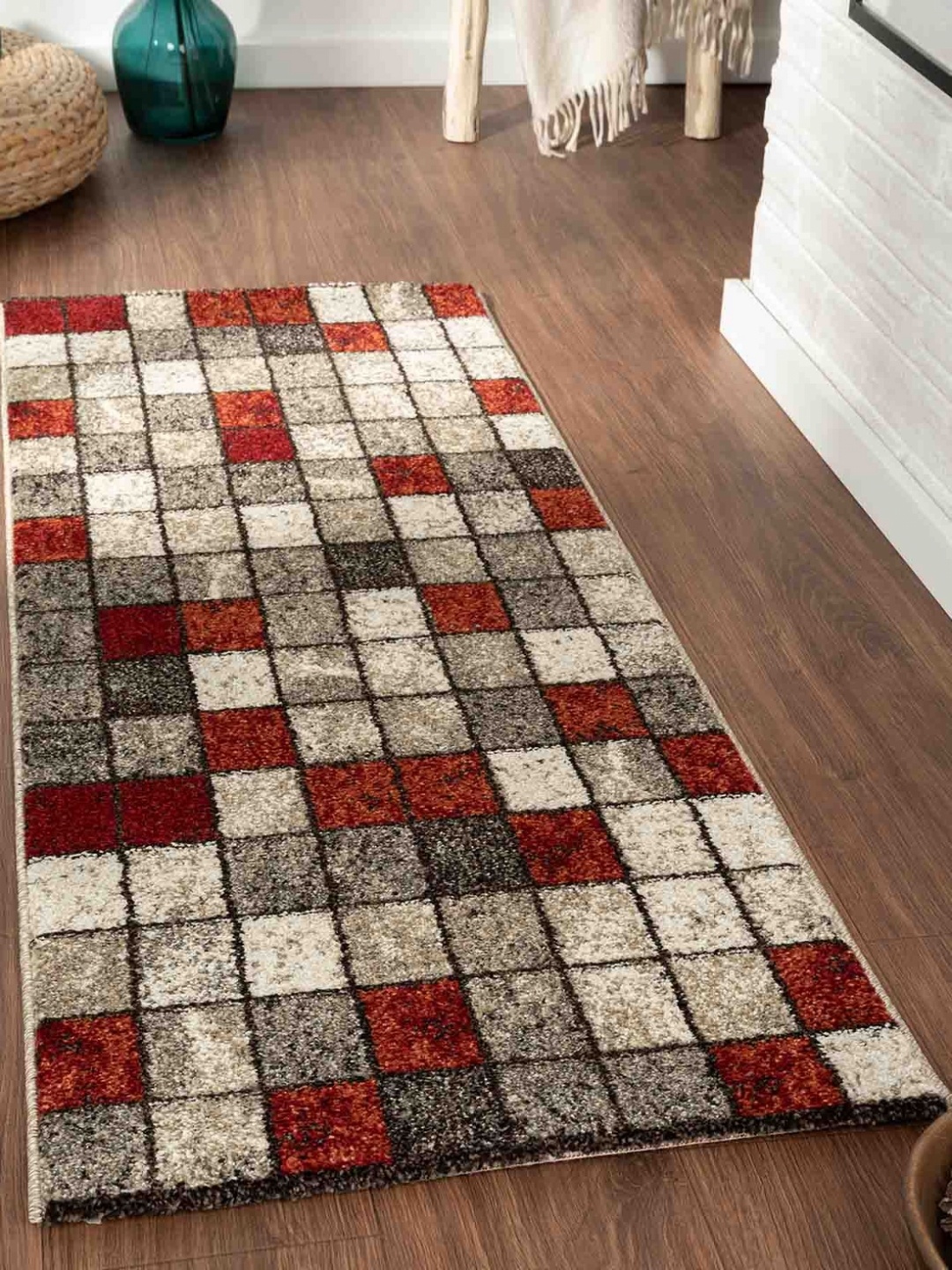 

OBSESSIONS Beige & Black Geometric Rectangular Bedside Runners, Rust