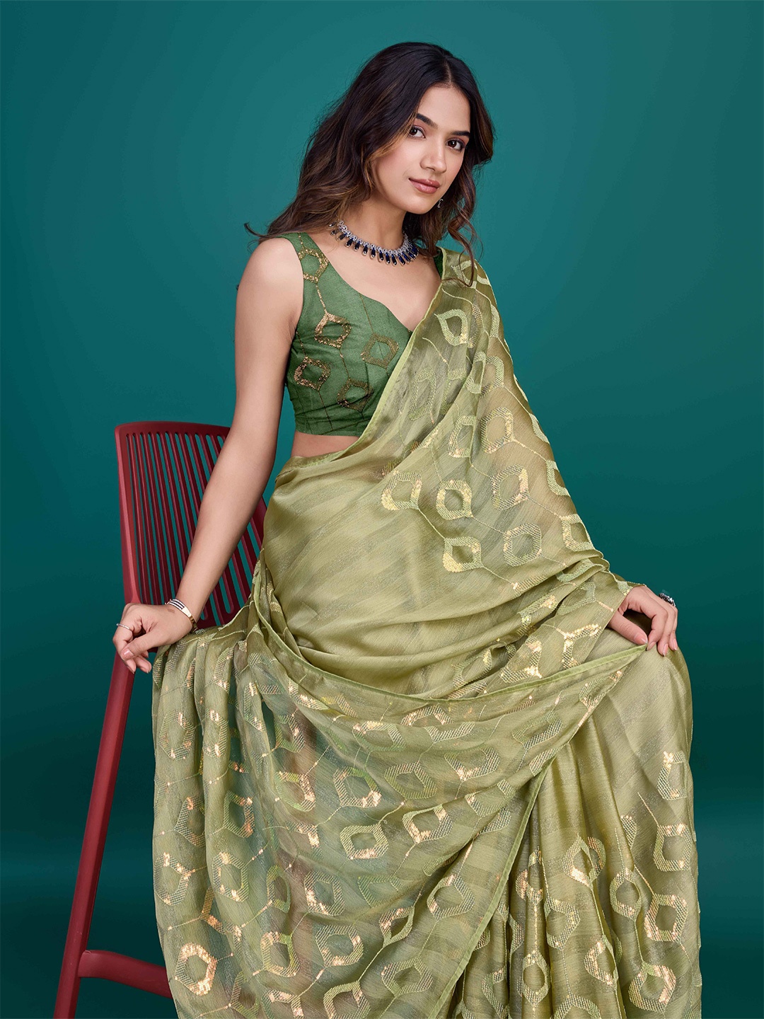 

Mitera Embellished Sequinned Poly Chiffon Saree, Olive