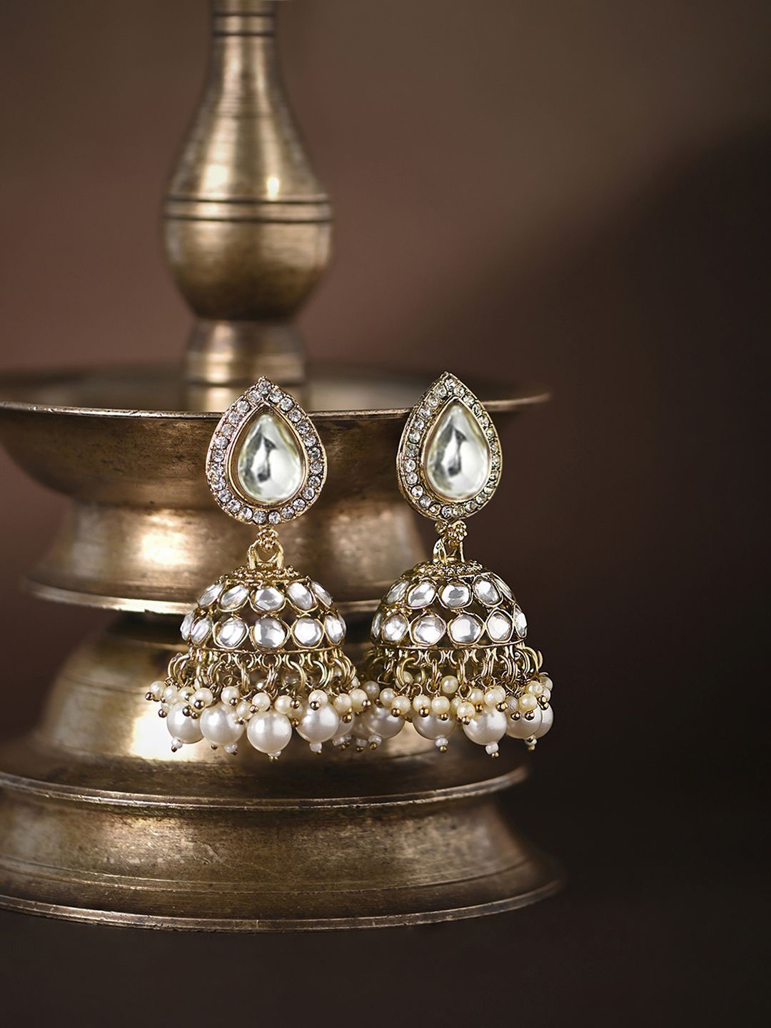 

Kalakrith Milano Dome Shaped Kundan Studded & Pearl Beaded Jhumkas, Gold