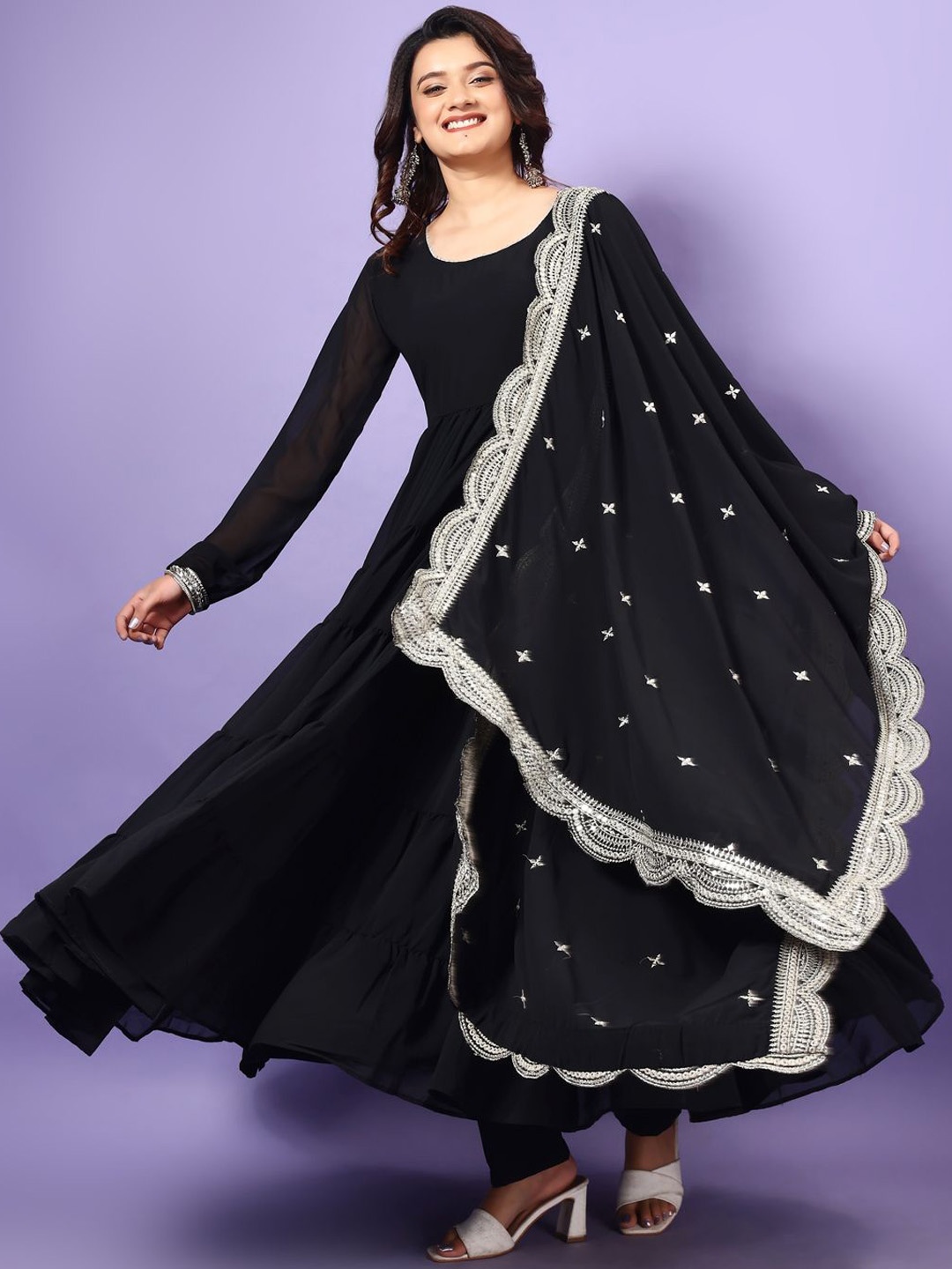 

KALINI Round Neck Tiered Gotta Patti Anarakli Kurta With Trousers & Dupatta, Black