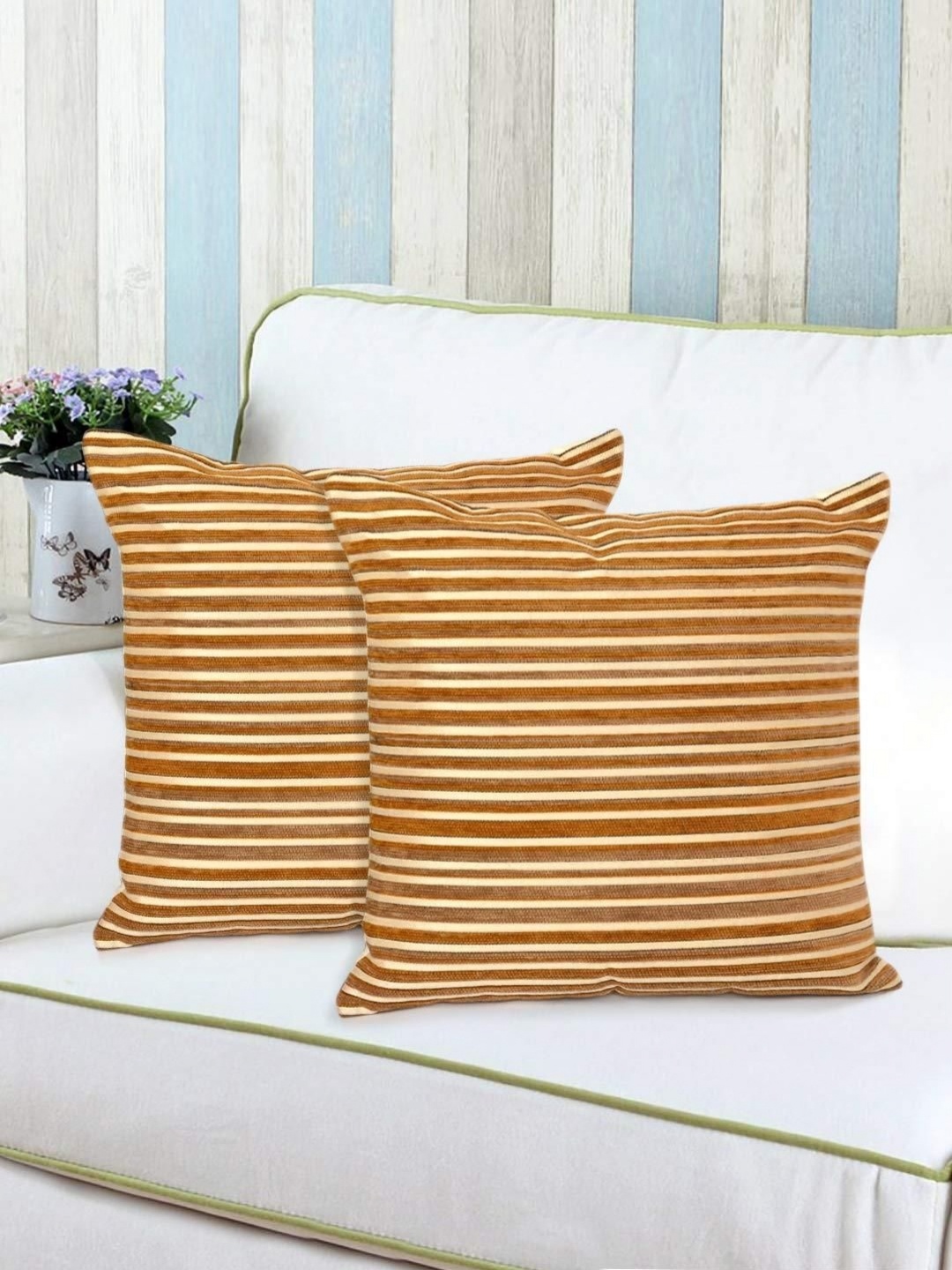 

Saral Home Brown & Gold-Toned 2 Pieces Striped Square Cushion Covers