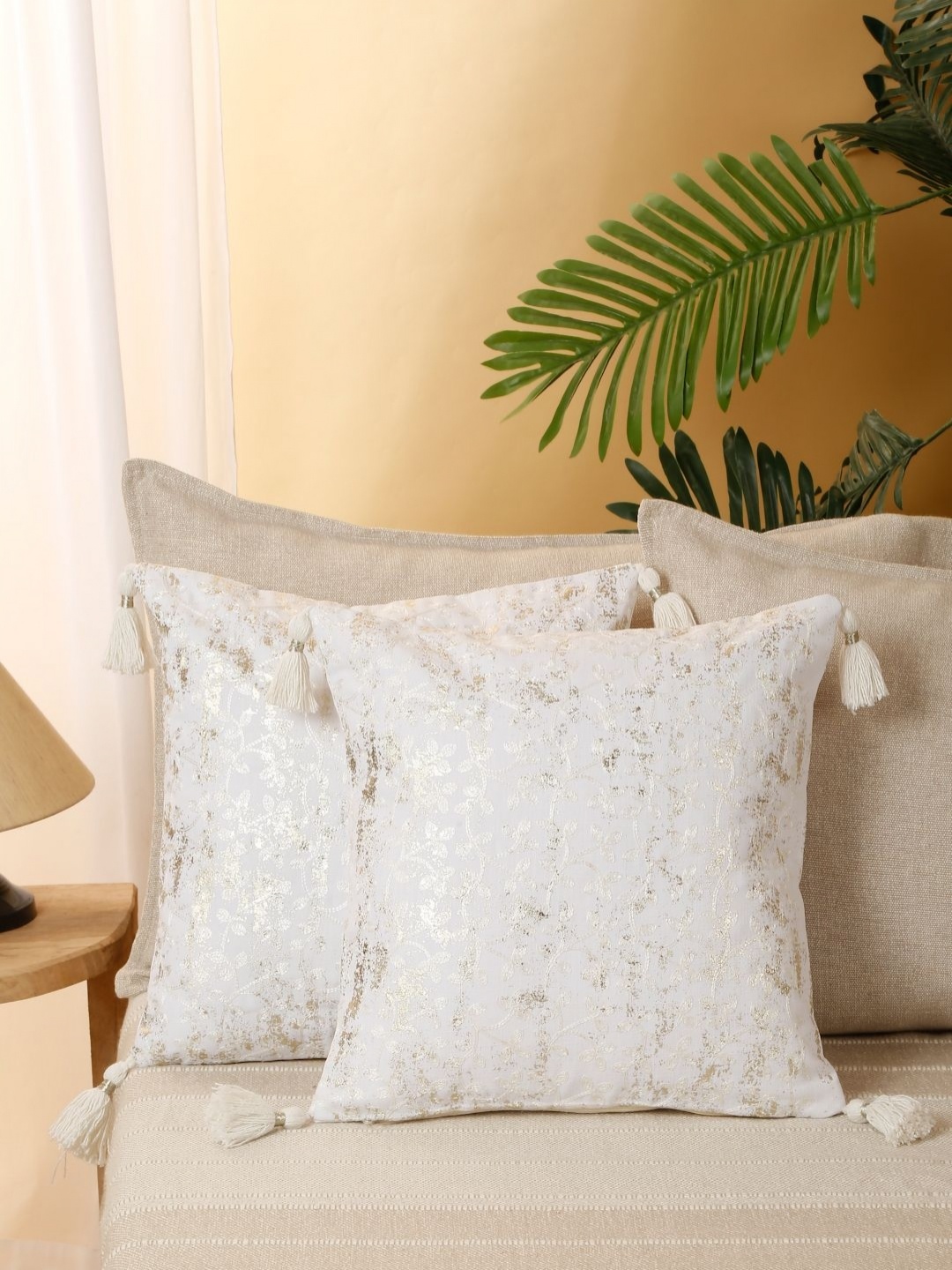 

eyda White & Gold Toned 2 Pieces Embroidered Cushion Covers