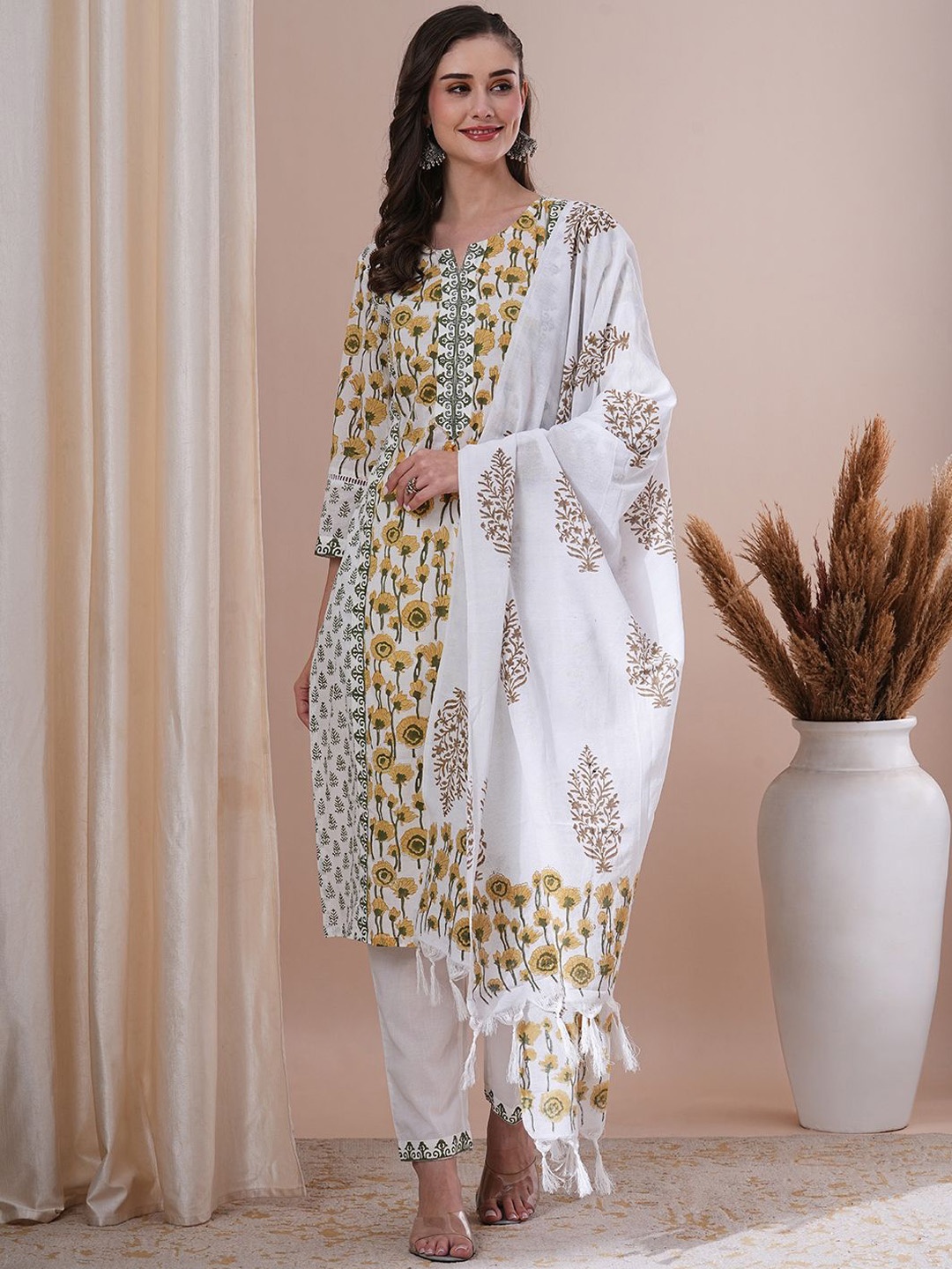 

FASHOR White Floral Printed Notch Neck Sequinned Pure Cotton Kurta with Trousers & Dupatta