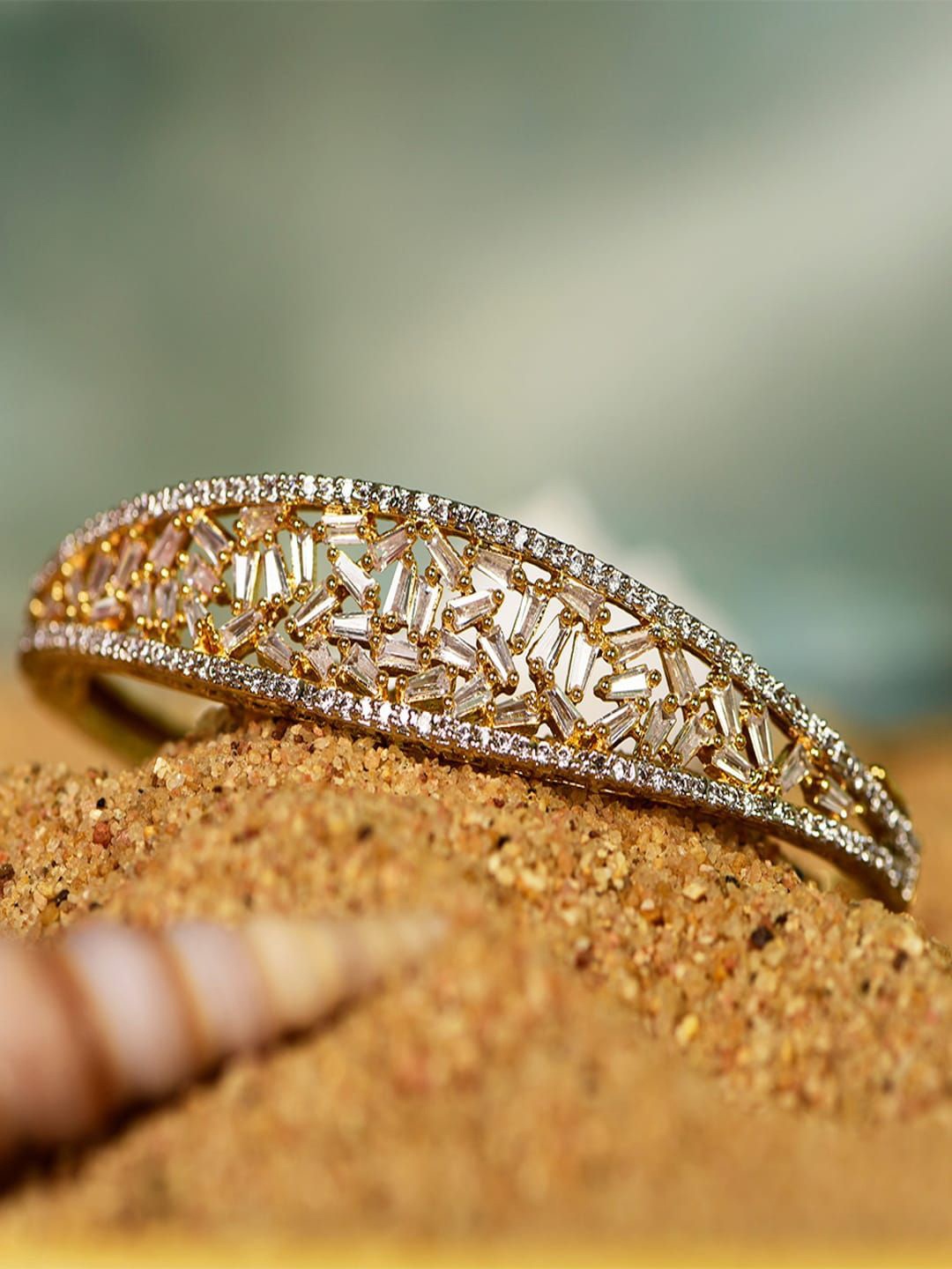 

SHARLEEZ Gold-Plated American Diamond Studded Kada Bracelet