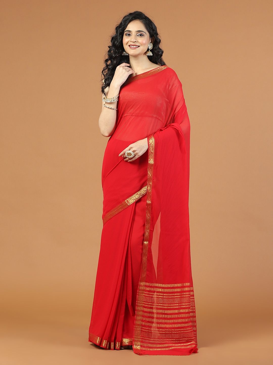 

Meena Bazaar Solid Woven Design Zari Saree With Blouse Piece, Red