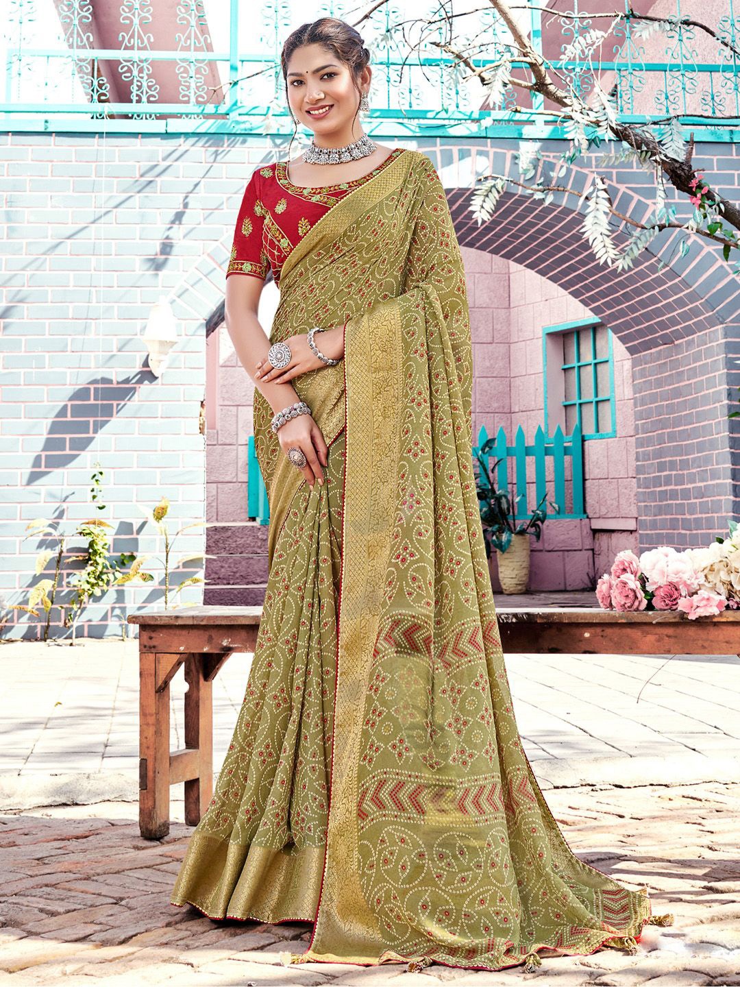 

Saree mall Bandhani Printed Zari Bandhani Sarees, Olive