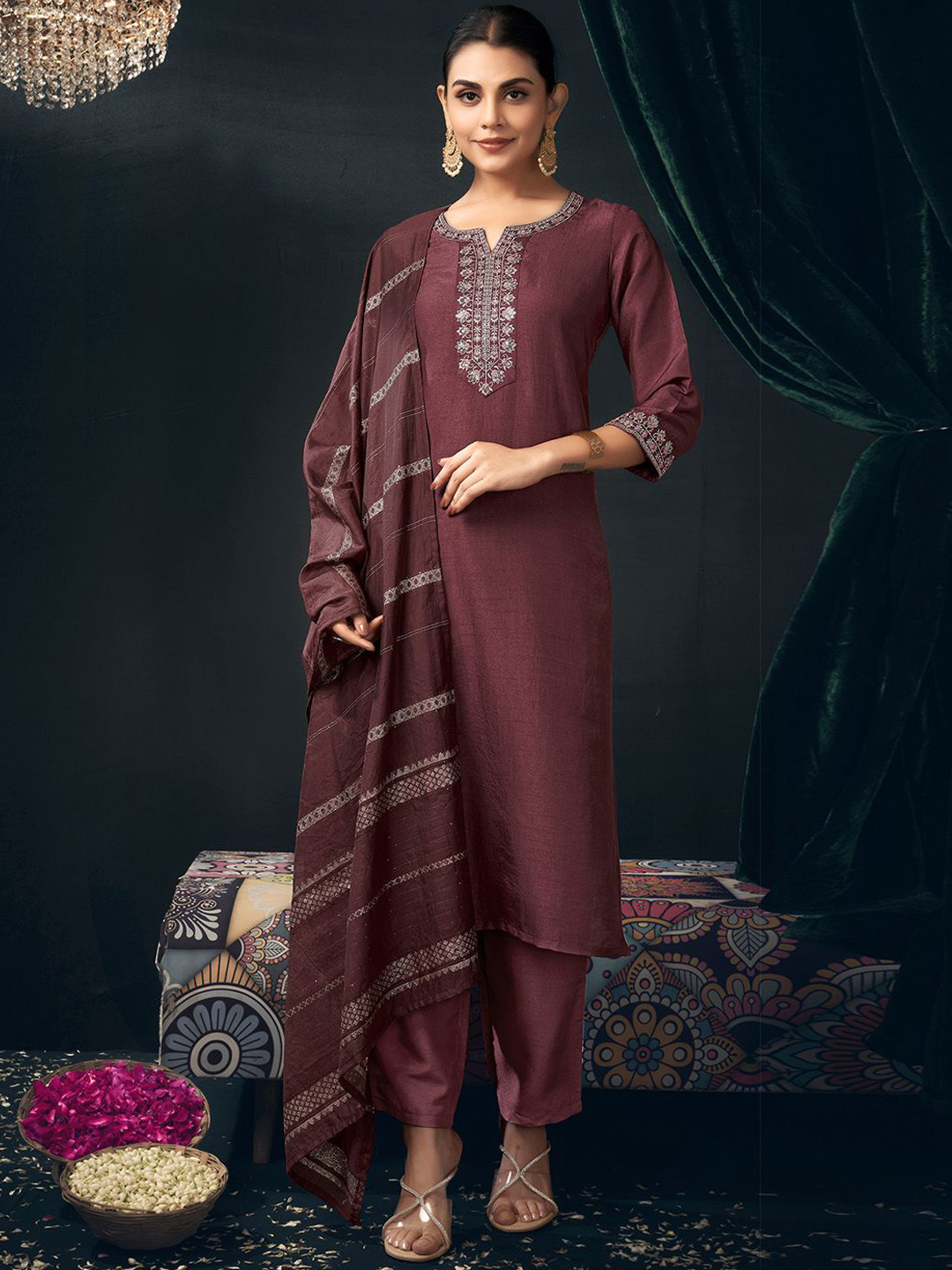 

SKYLEE Women Floral Embroidered Regular Sequinned Kurta with Trousers & With Dupatta, Brown