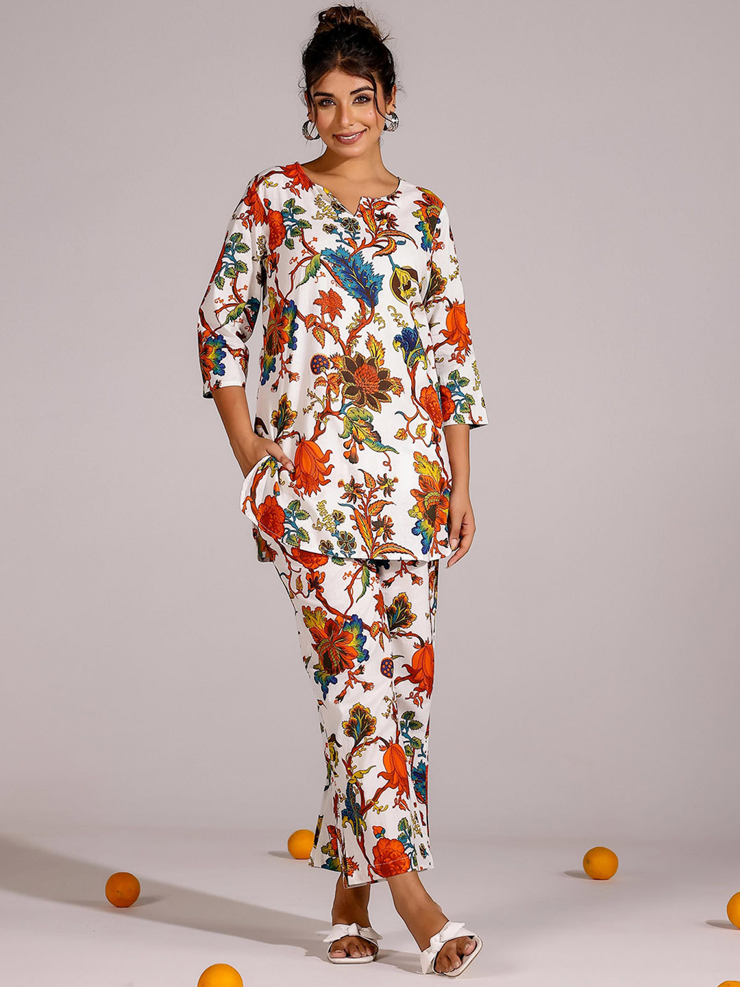 

FLAVIA CREATION Floral Printed Notch Neck Pure Cotton Tunic & Trouser, White