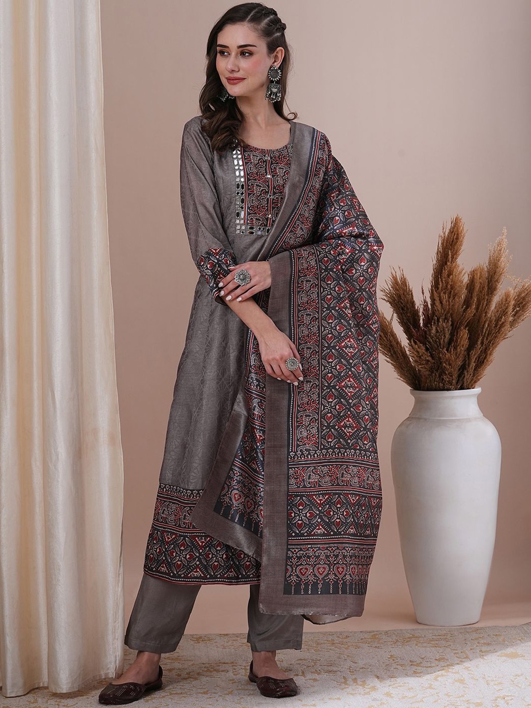 

FASHOR Ethnic Motifs Printed Mirror Work Anarkali Kurta With Trousers & Dupatta, Grey