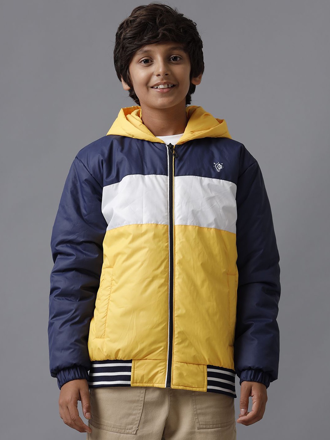

UNDER FOURTEEN ONLY Boys Colourblocked Cotton Longline Puffer Jacket, Navy blue