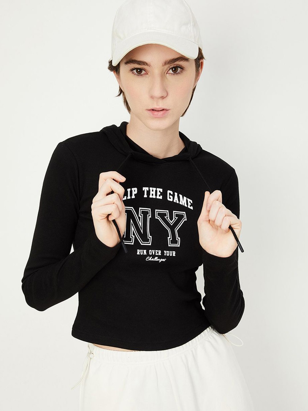 

max Women Typography Printed Hood Cotton T-shirt, Black