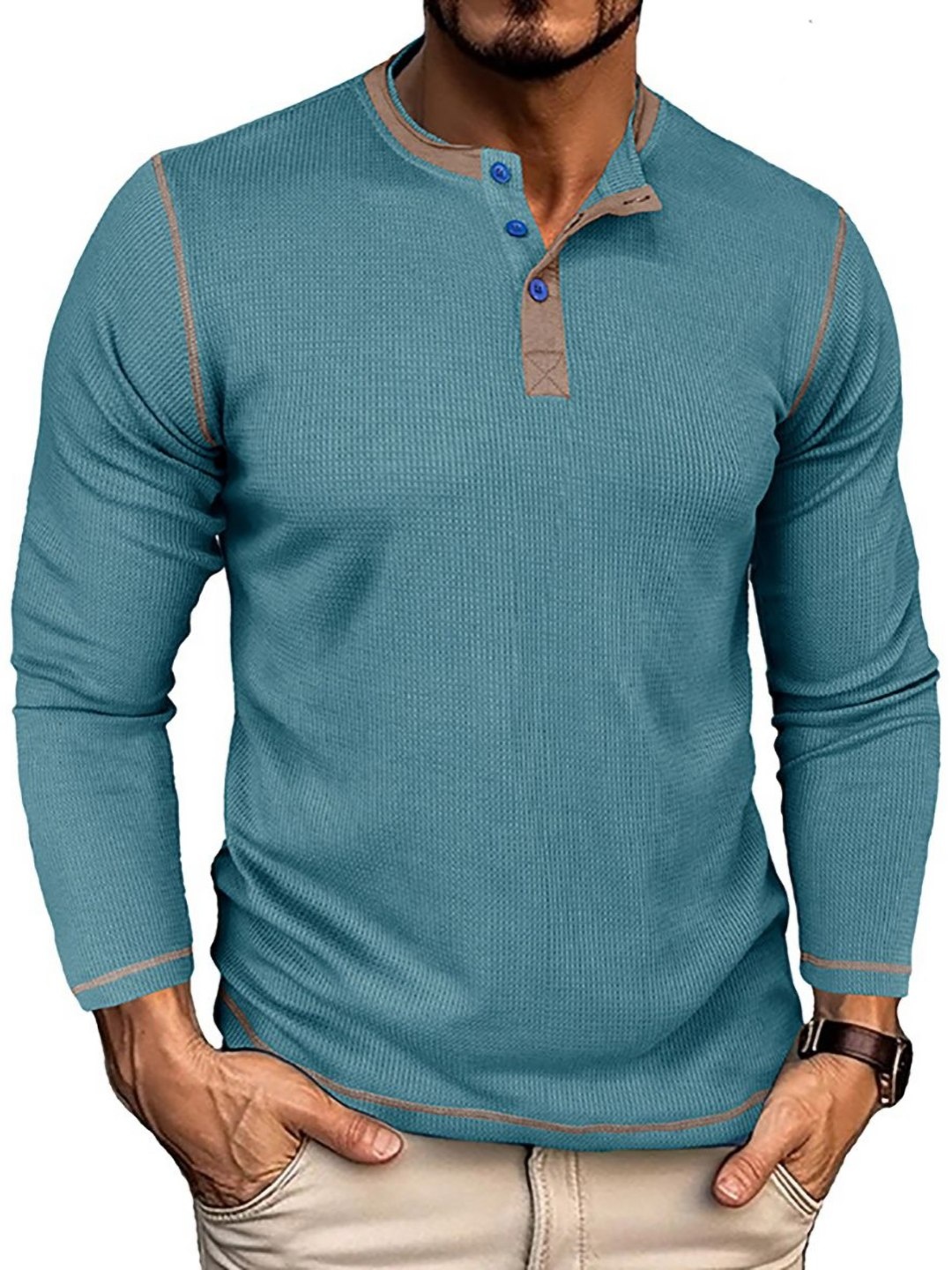 

StyleCast x Revolte Men Solid Henley Neck T-shirt, Blue