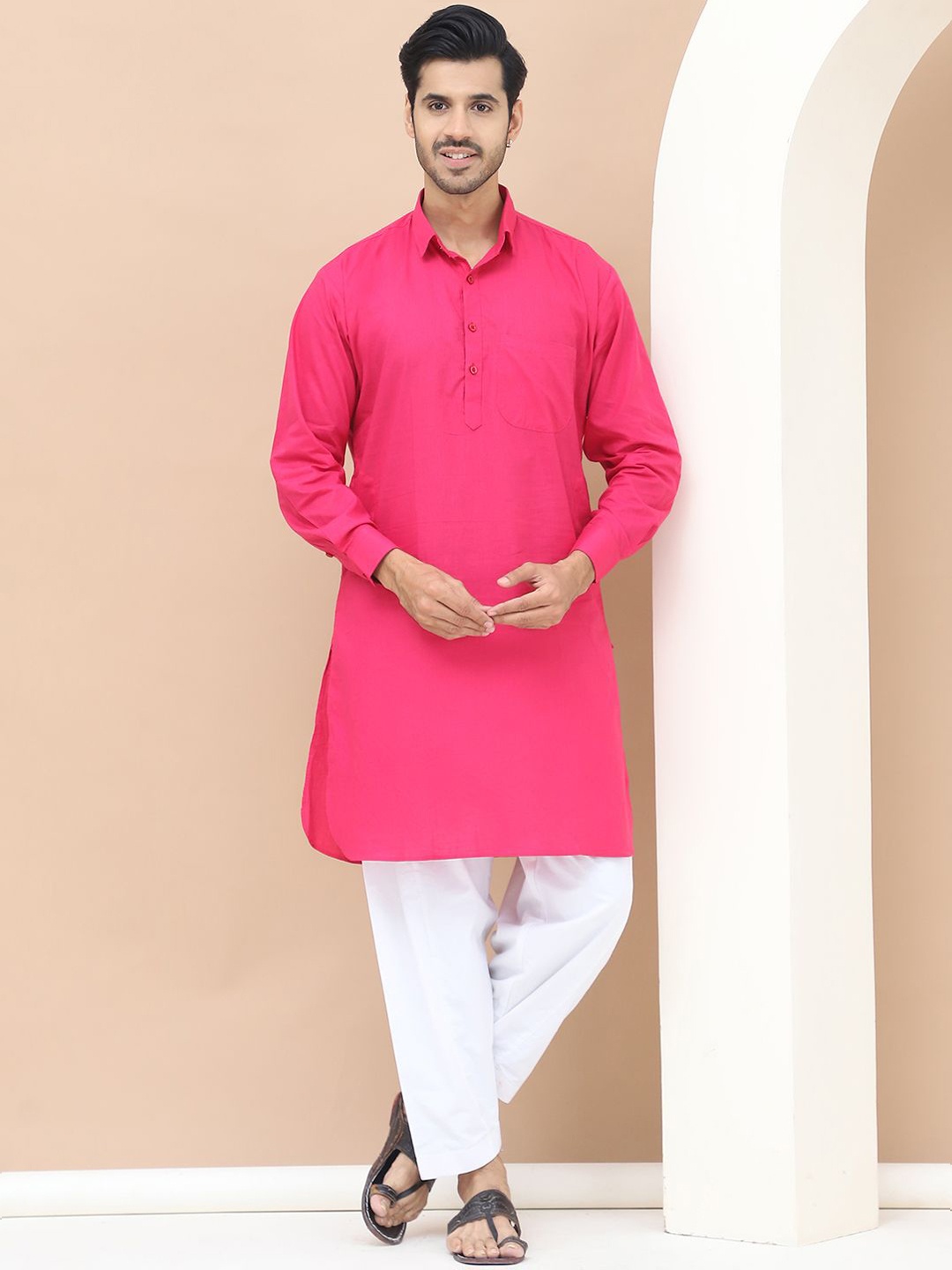 

TAG 7 Shirt Collar Regular Pure Cotton Pathani Kurta With Salwar, Pink