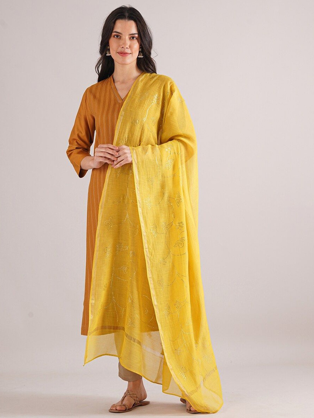 

JAYPORE Ethnic Motifs Printed Cotton Silk Dupatta with Beads and Stones, Yellow