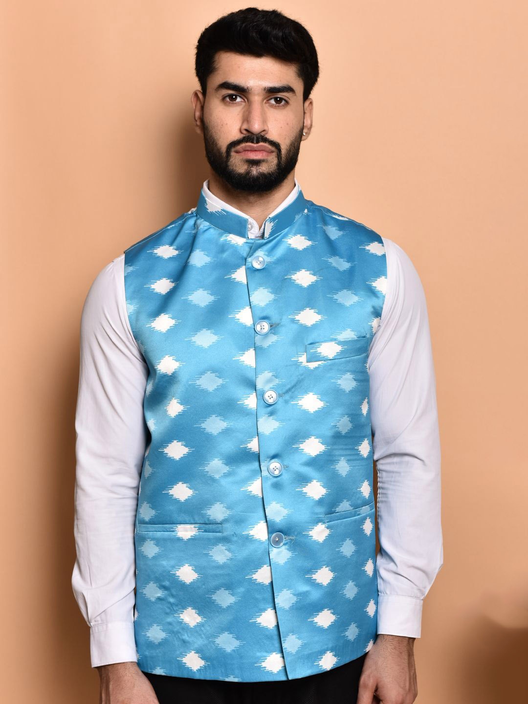 

PRINTCULTR Printed Woven Nehru Jacket, Blue