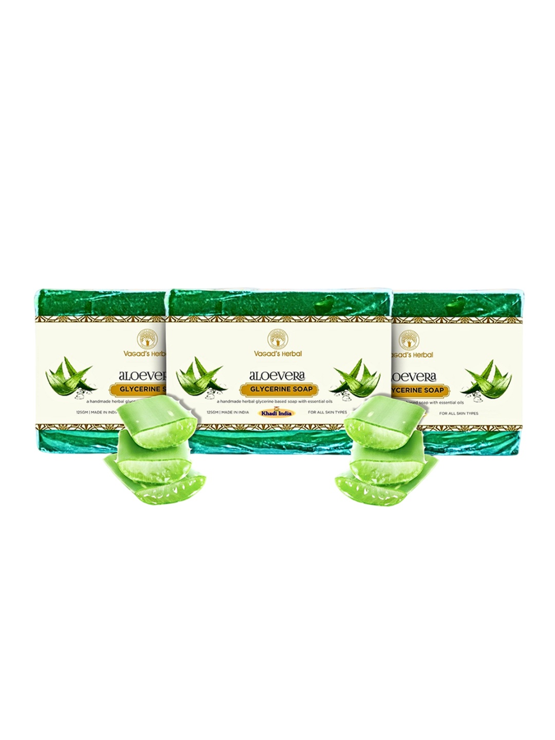 

Vagads Set Of 3 Khadi India Aloe Vera Soaps - 375 g Each, Green