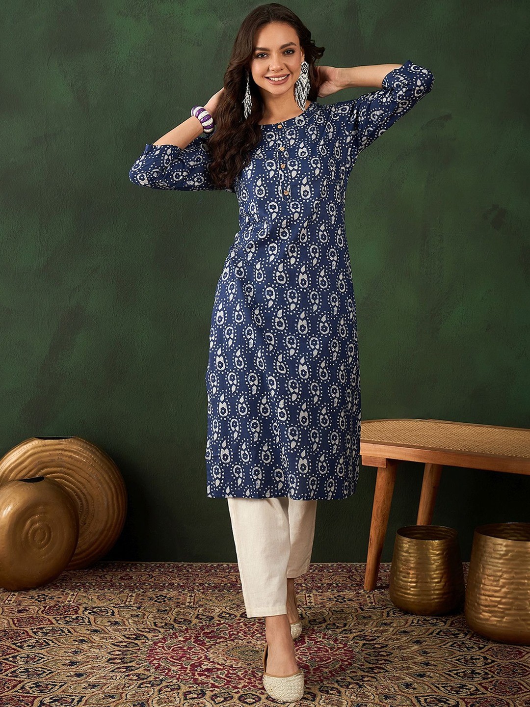 

Sangria Ethnic motifs Printed Cotton Straight Kurta, Navy blue