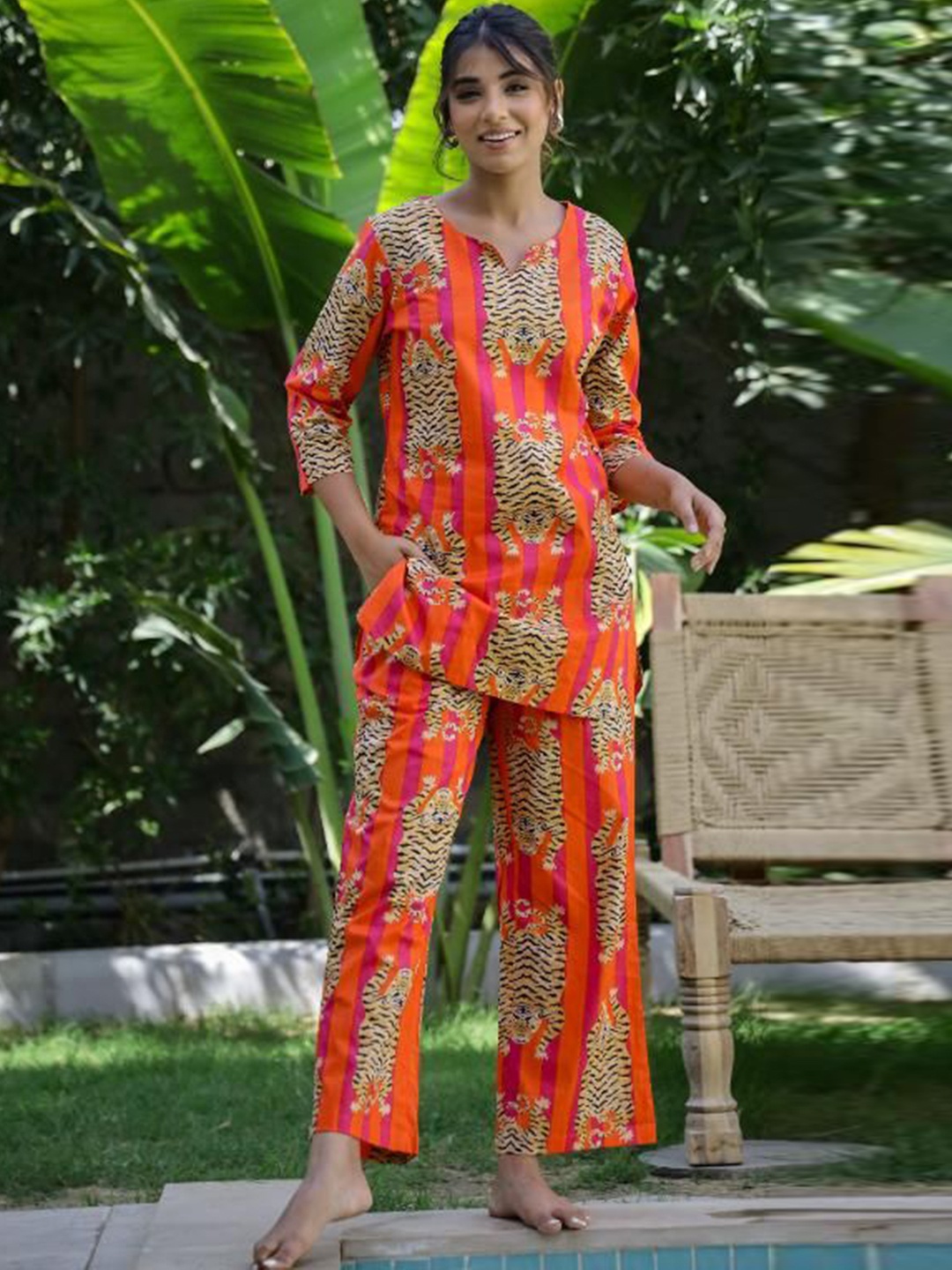 

FLAVIA CREATION Printed Pure Cotton Tunic & Trouser, Orange