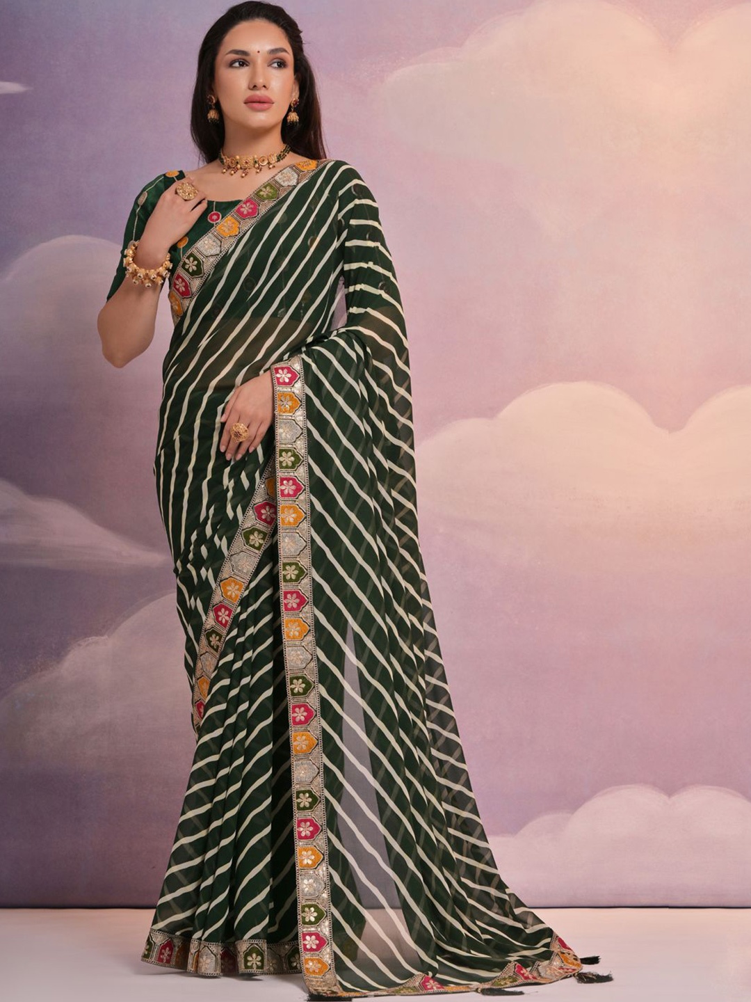 

Mitera Striped Printed Sequinned Celebrity Saree, Green