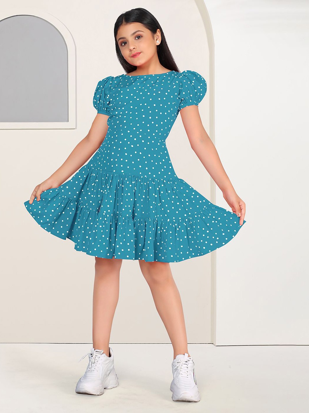 

FASHION DREAM Girls Polka Dot Printed Puff Sleeve Fit & Flare Dress, Blue
