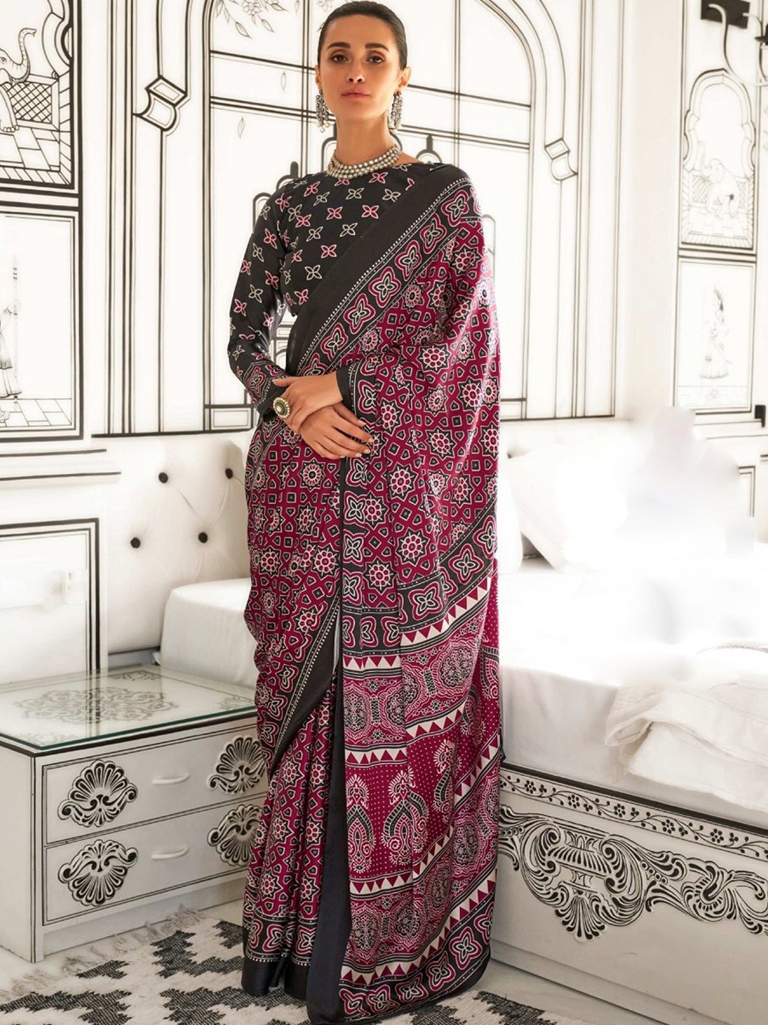 

Stylum Ajrak Block Satin Saree, Maroon