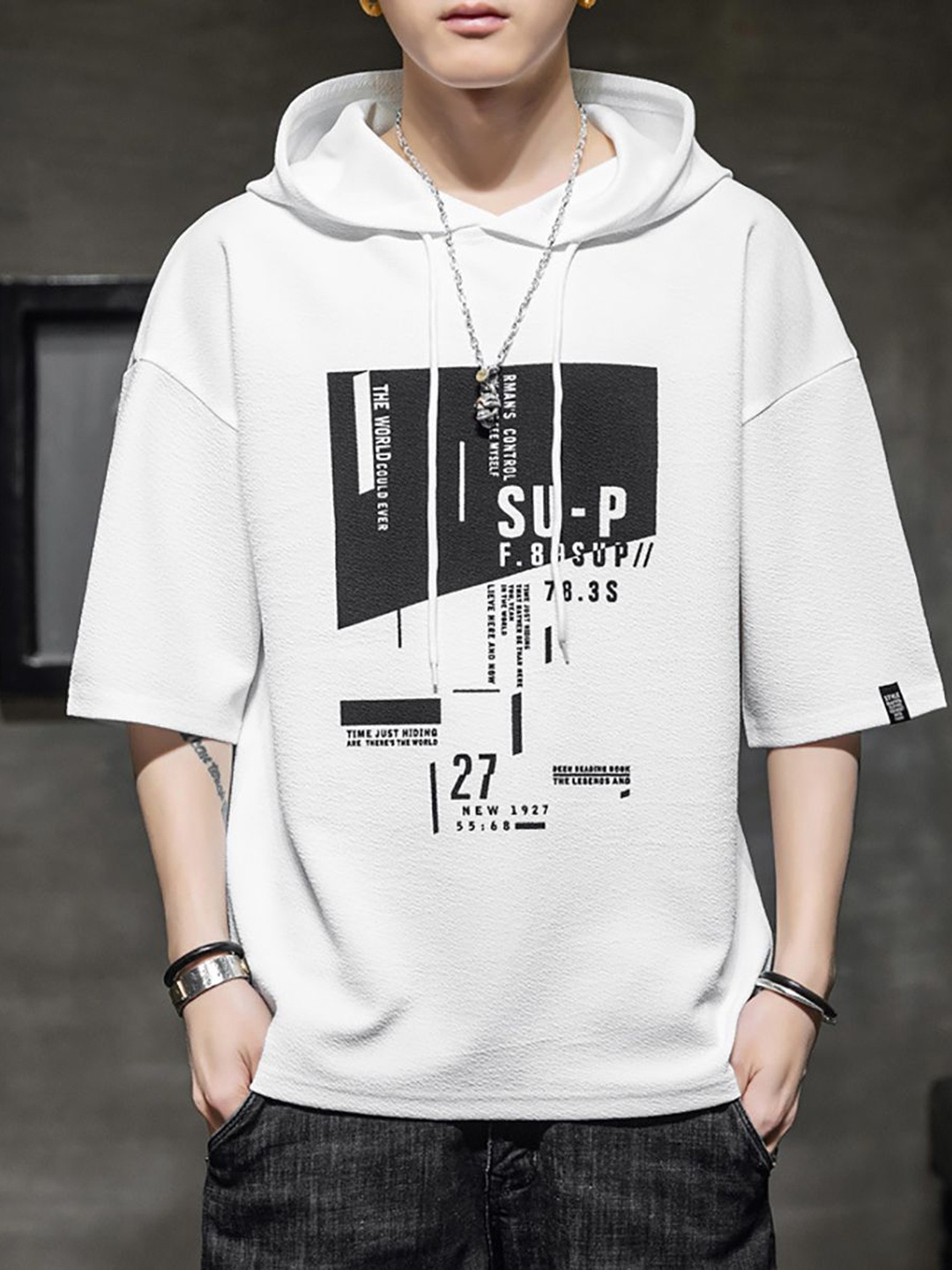 

StyleCast x Revolte Men Typography Printed Hood T-shirt, White