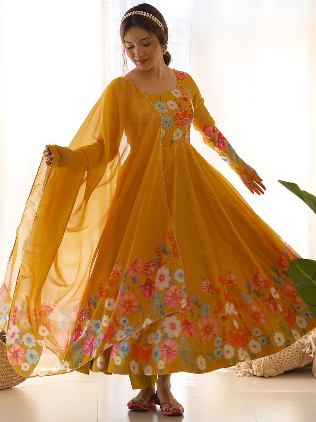 

Fusionic Printed Pure Cotton Anarkali Kurta & Trousers With Dupatta, Mustard