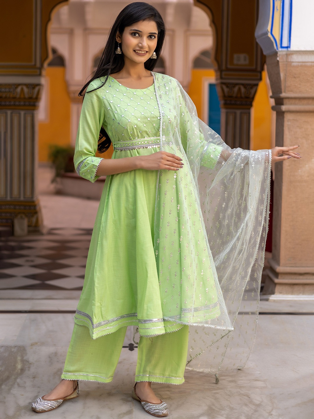 

HERE&NOW Women Embroidered Regular Mirror Work Kurta with Palazzos & With Dupatta, Green