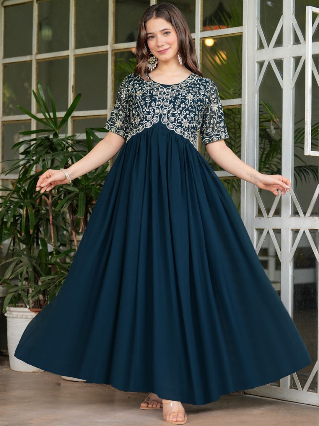

Emaira Women Checked Georgette Anarkali Kurta, Teal