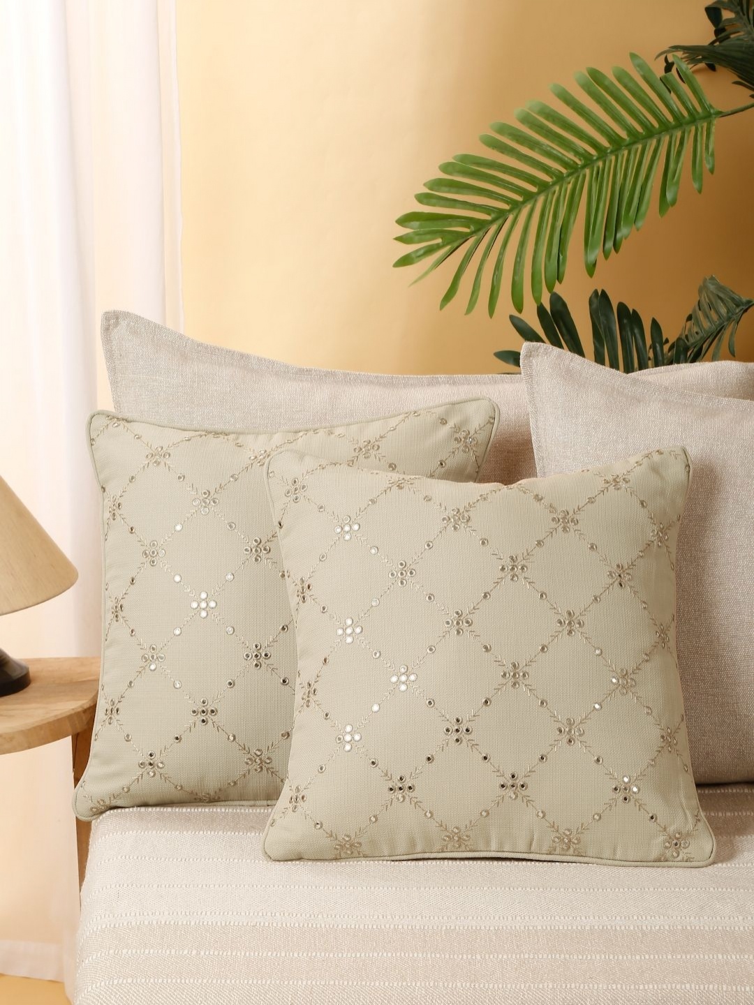 

eyda Beige 2 Pieces Embellished Square Cushion Covers