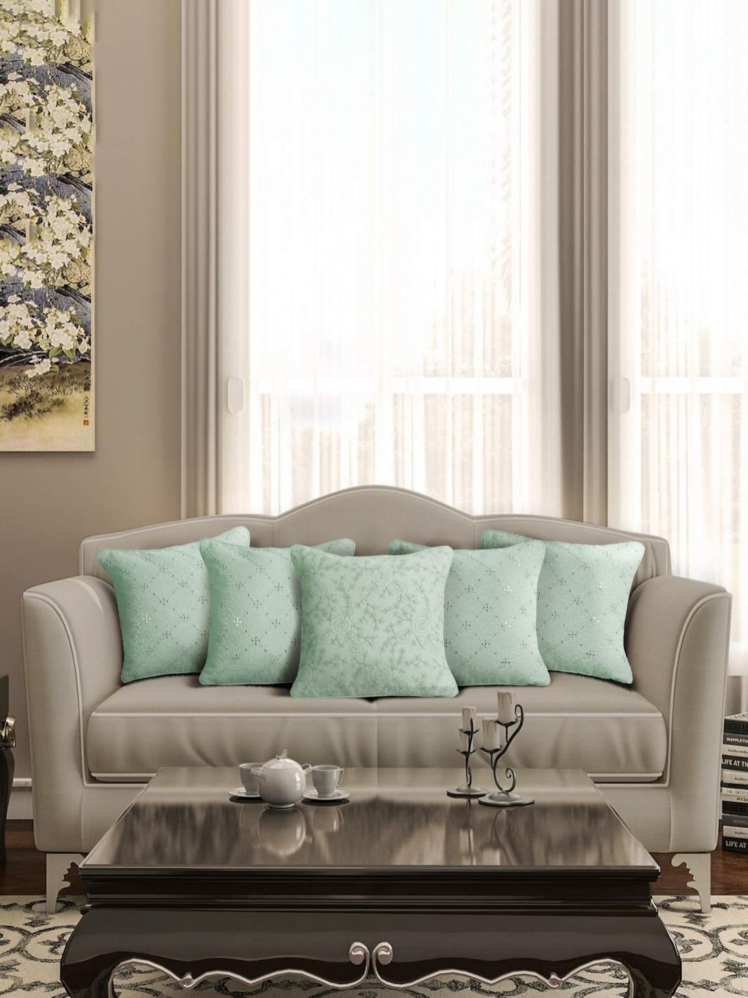 

eyda Sea Green 5 Pieces Mirror Work Cushion Covers
