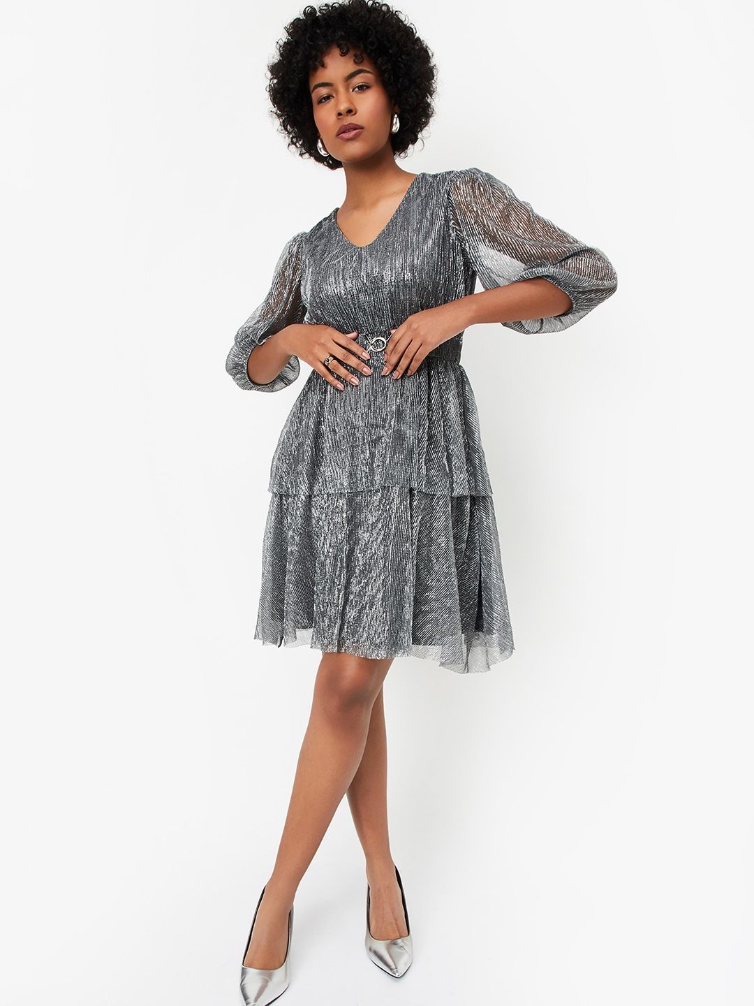

Max x Kalki Women Shimmer Tiered Dress, Grey