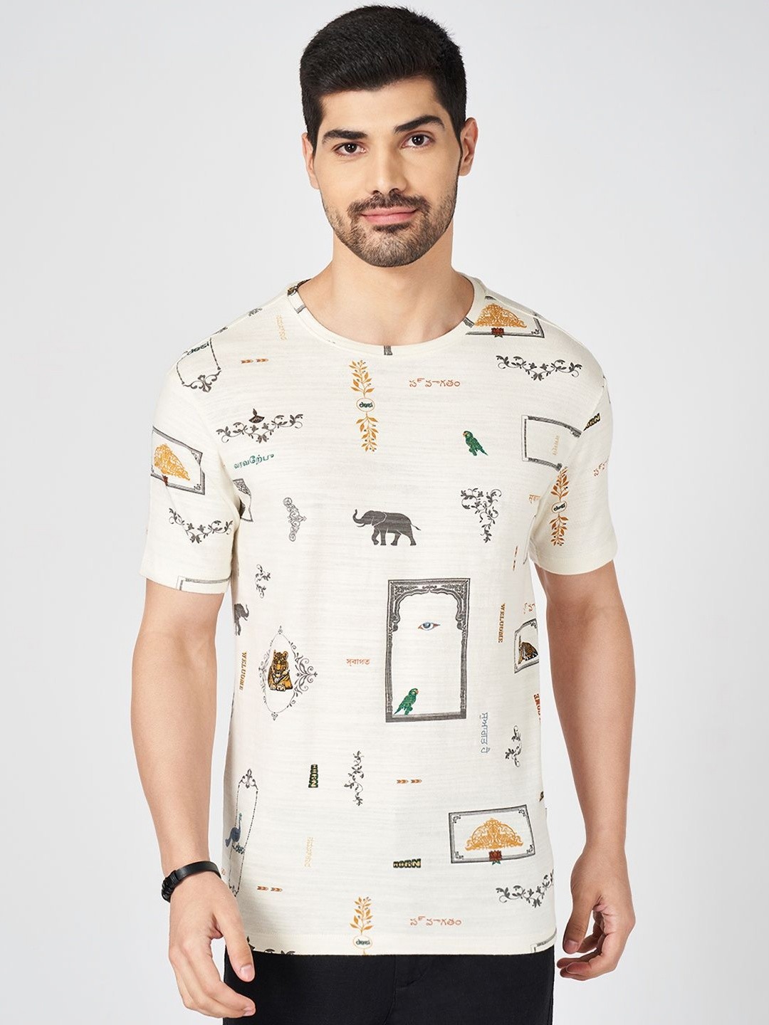 

7 Alt by Pantaloons Men Conversational Printed Round Neck Cotton Relaxed Fit T-shirt, Off white