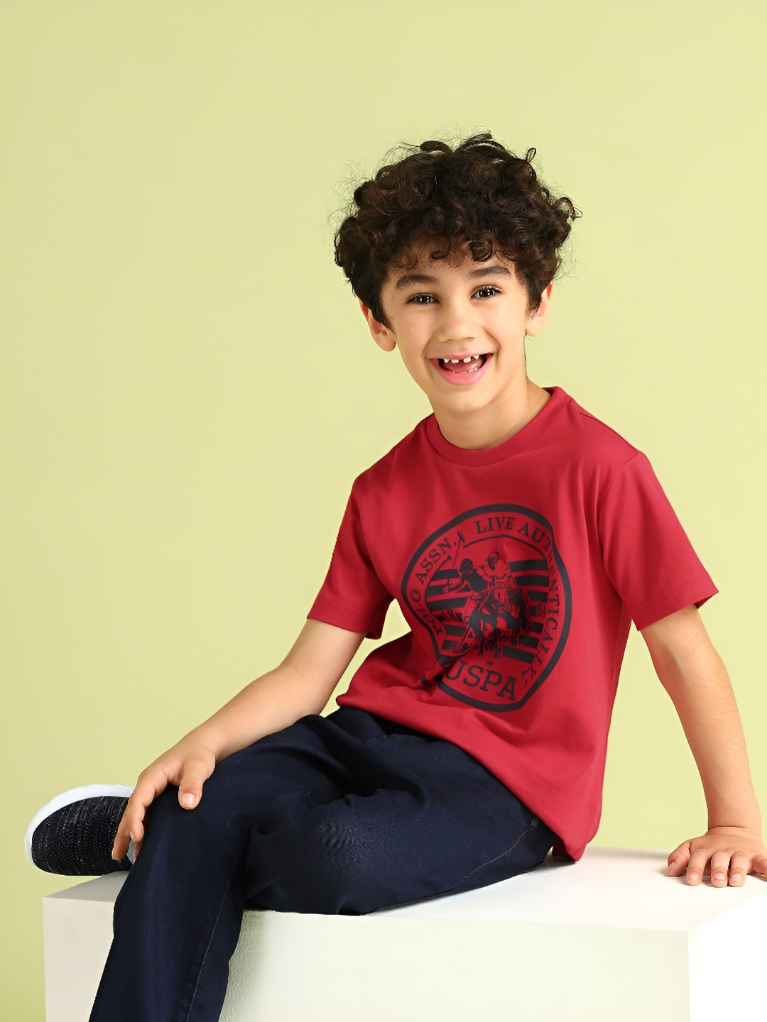 

U.S. Polo Assn. Kids Boys Brand Logo Printed Round Neck Cotton T-shirt, Red