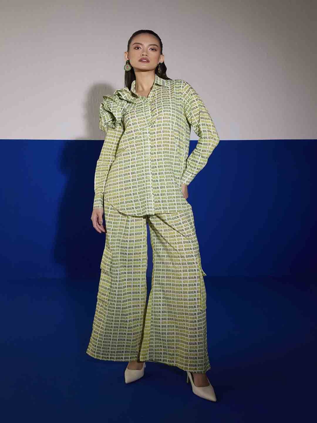 

SIL SILA Typography Printed Shirt With Trousers Co-Ords, Green