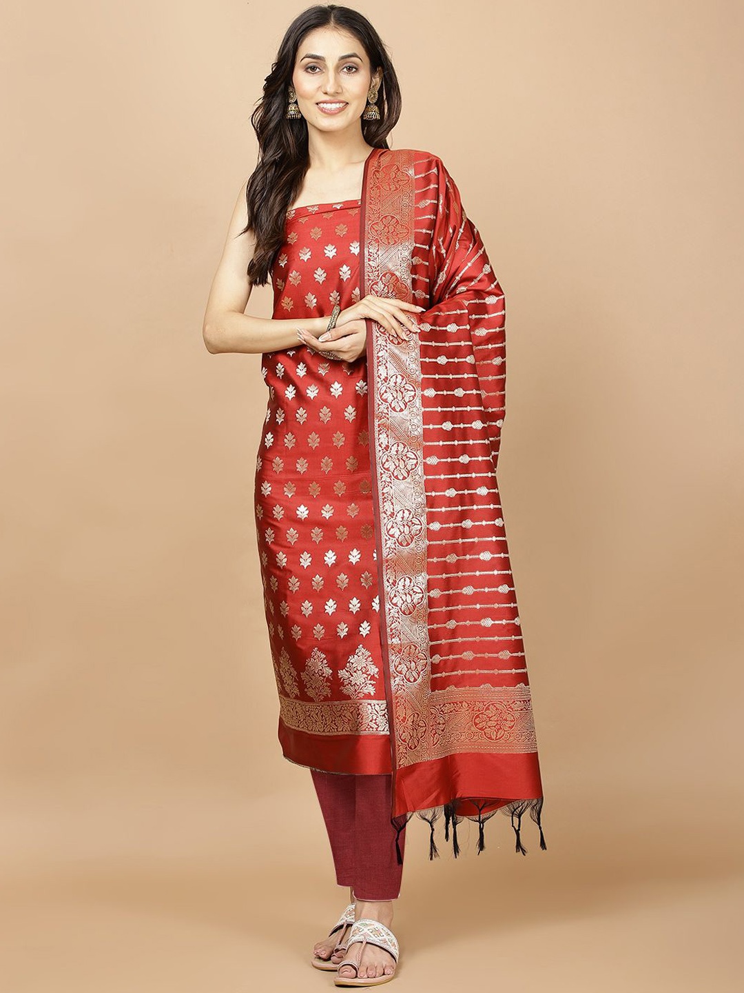 

Meena Bazaar Floral Woven Design Unstitched Dress Material, Maroon