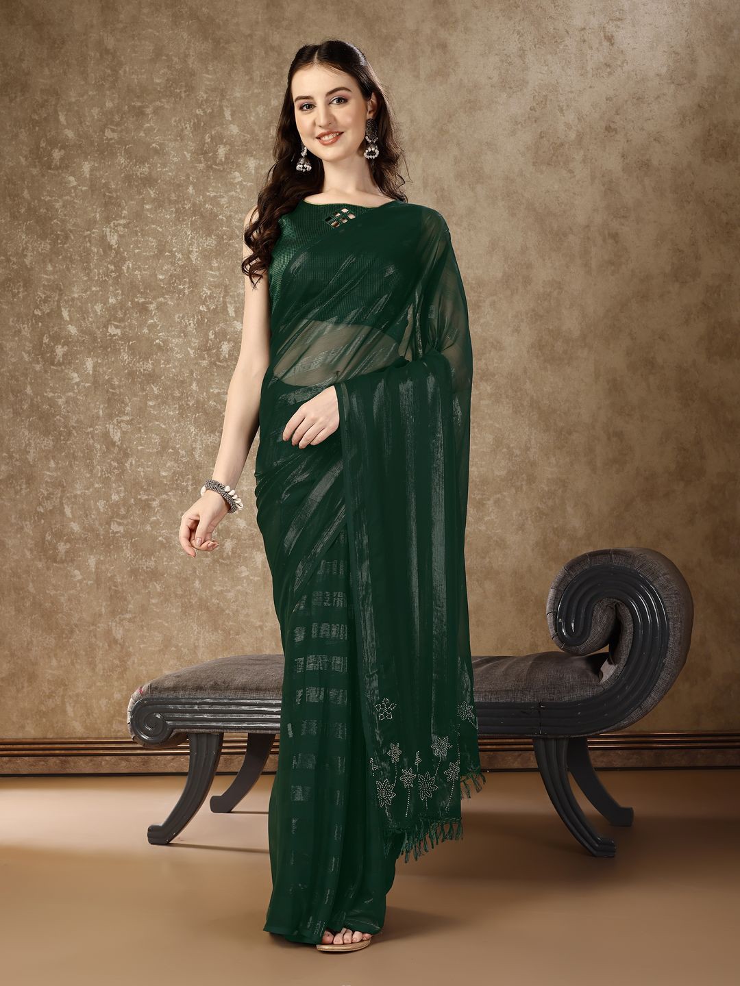 

Indian Women Striped Woven Border Tassel Parten Beads and Stones Saree, Green
