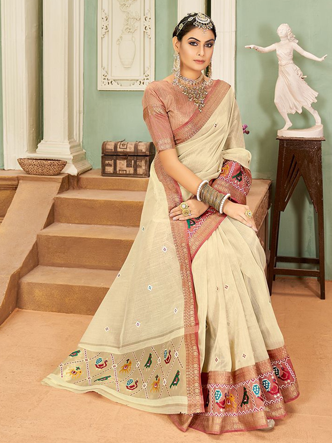 

KAVINDI Woven Design Embroidered Zari Patola Saree, Cream