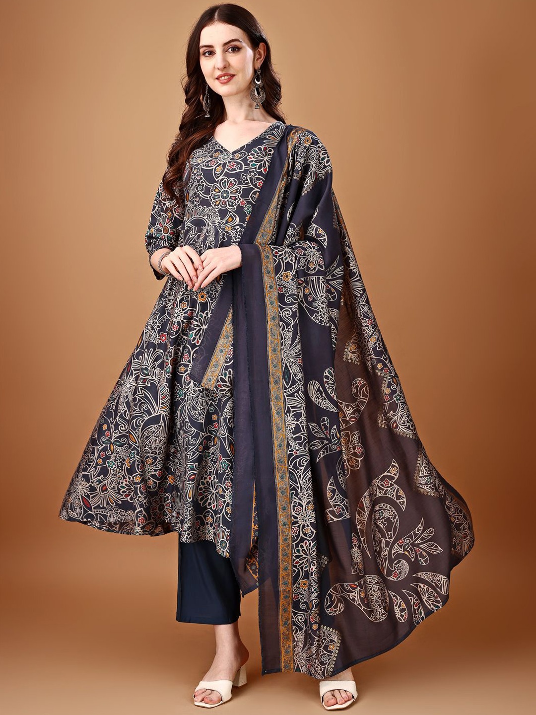 

KALINI Ethnic Motifs Printed Anarkali Kurta with Palazzos & Dupatta, Grey