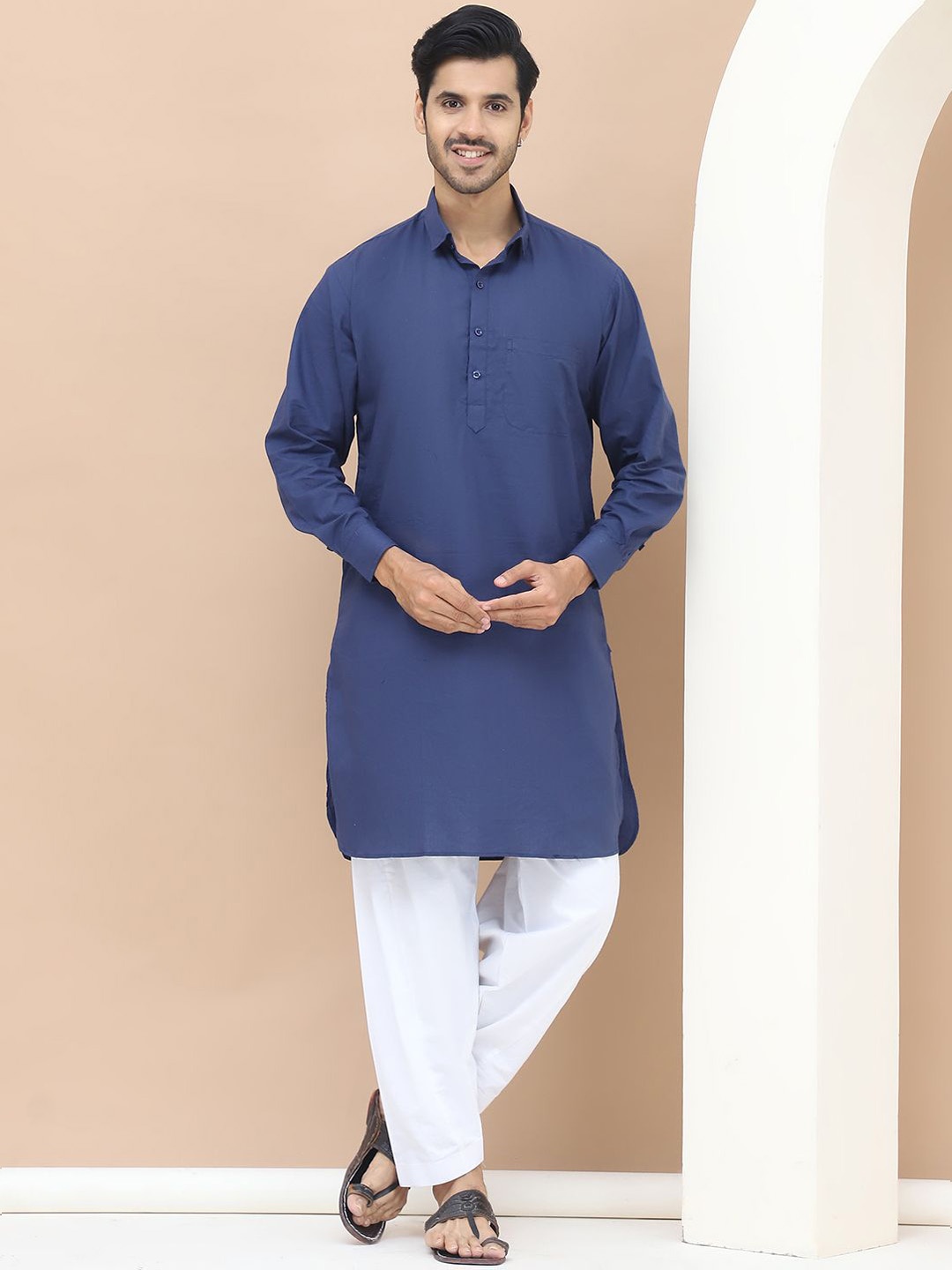 

TAG 7 Shirt Collar Cuffed Sleeves Pure Cotton Pathani Kurta With Salwar, Navy blue